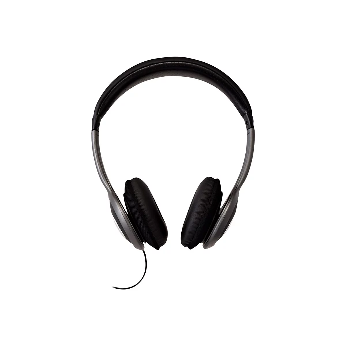 Vue de dessus d'un casque. Oreillettes et bandeau noirs. Supports argentÃ©s. Connexion par cÃ¢ble en bas.