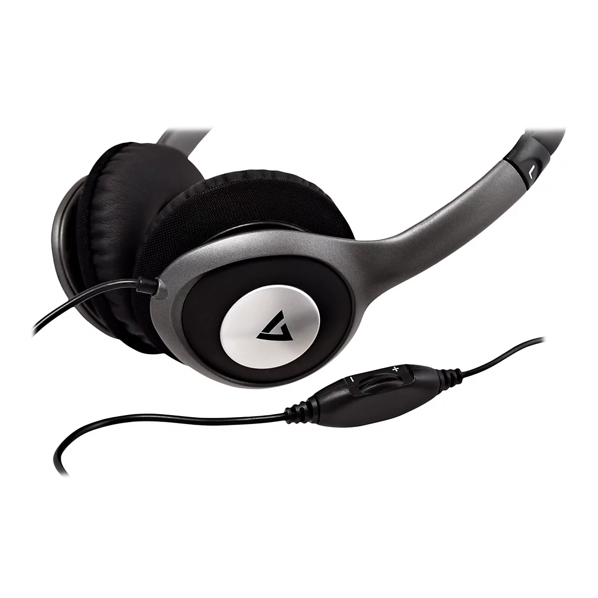 Grauer Kopfhörer mit Ohrmuscheln, Kabel und Lautstärkeregler. Auf den Ohrmuscheln ist ein Logo zu sehen.