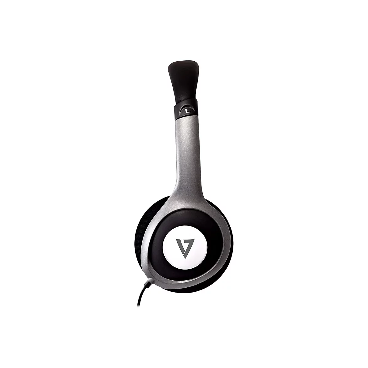 Graue Kopfhörer mit einem weißen Logo und einem schwarzen Kabel. Das L Kennzeichnet die linke Seite.