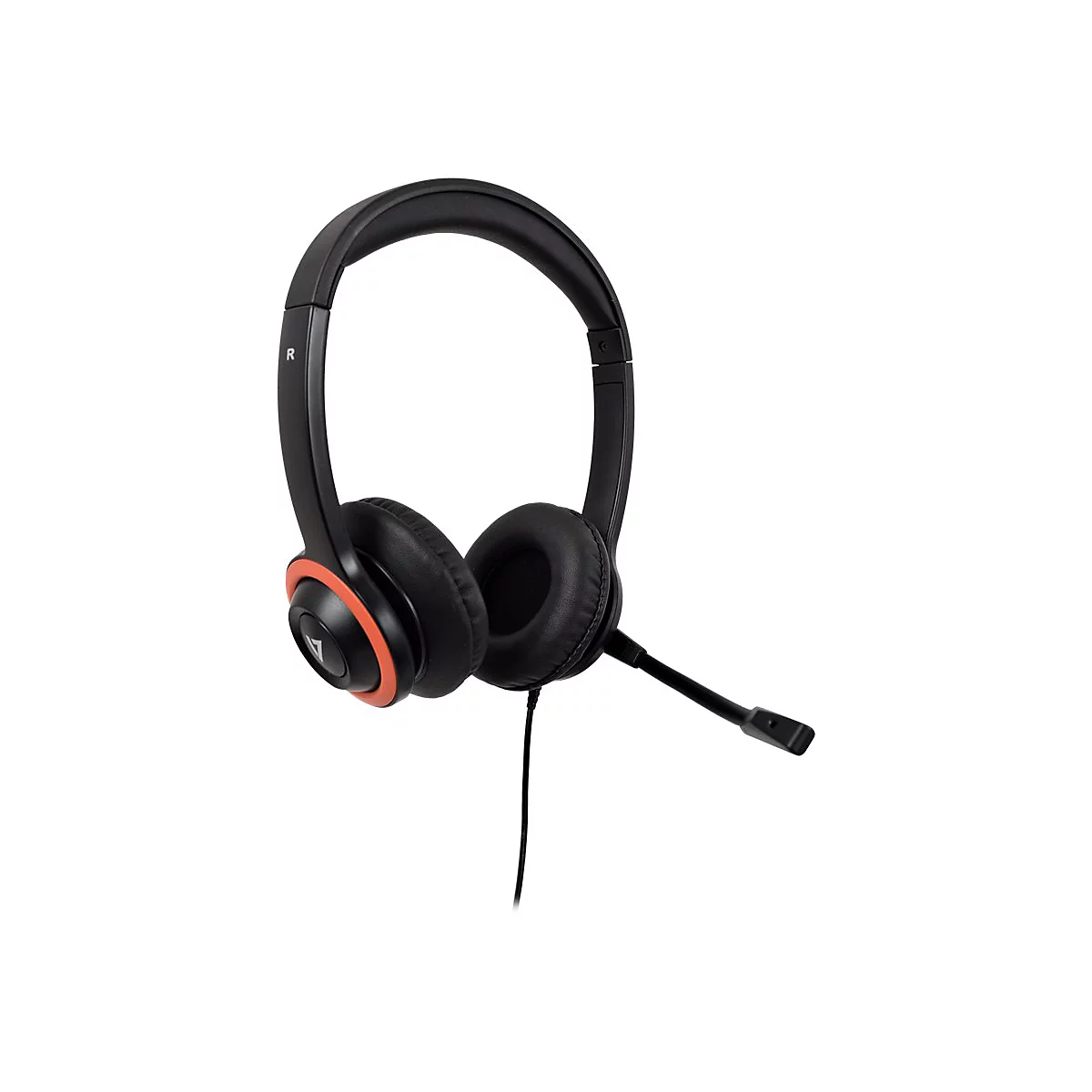 Schwarzes Headset mit orangefarbenen Akzenten und Mikrofon, freigestellt vor weißem Hintergrund.