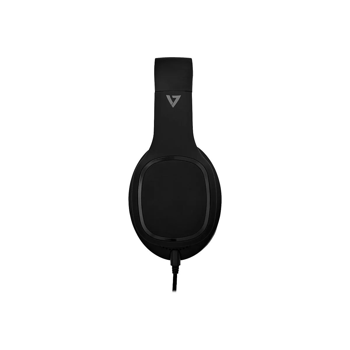 Casque noir avec connexion par cÃ¢ble, logo sur l'arceau. Vue de face sur fond blanc.