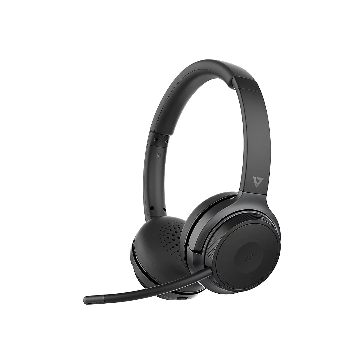 Schwarzes Headset, das aus einem Kopfband und zwei Ohrmuscheln besteht. Ein Mikrofon ragt aus der rechten Ohrmuschel heraus.