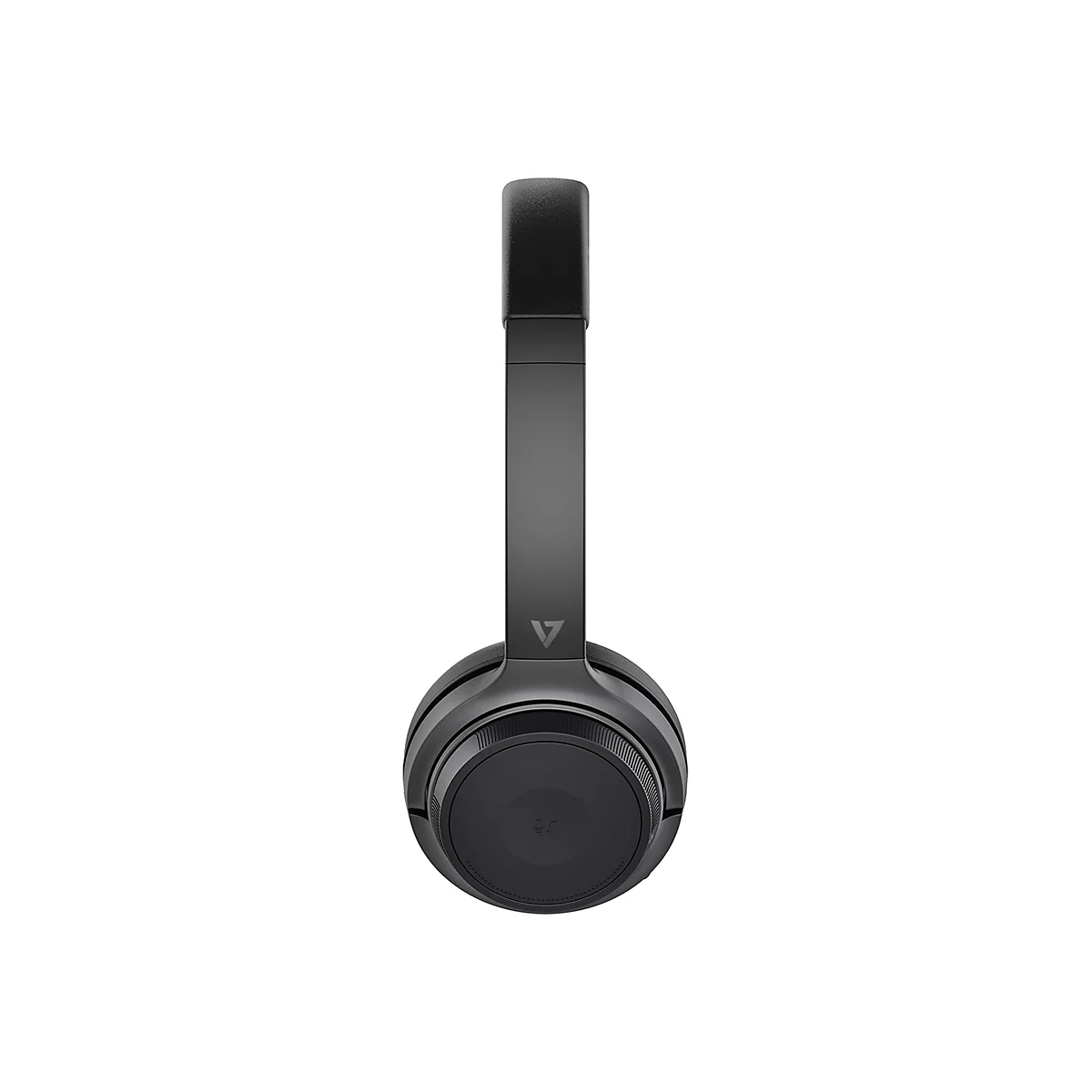 Dunkelgrauer Kopfhörer mit einem Dreieck Logo. Das Design ist schlicht und modern.