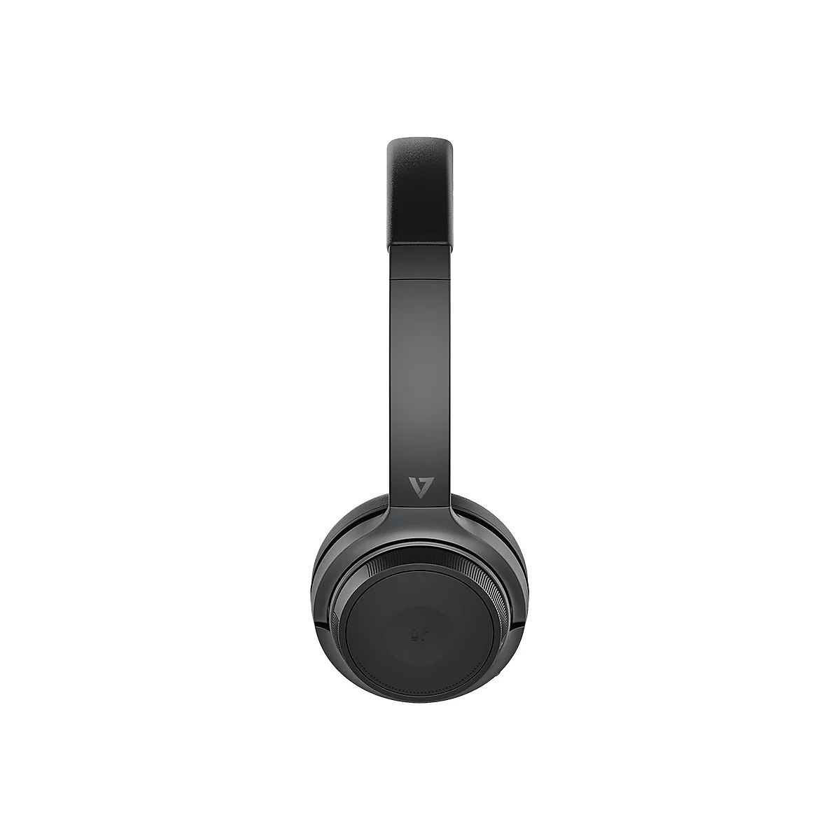 Dunkelgrauer Kopfhörer mit V-Logo. Bügel und Ohrmuscheln sind rund.