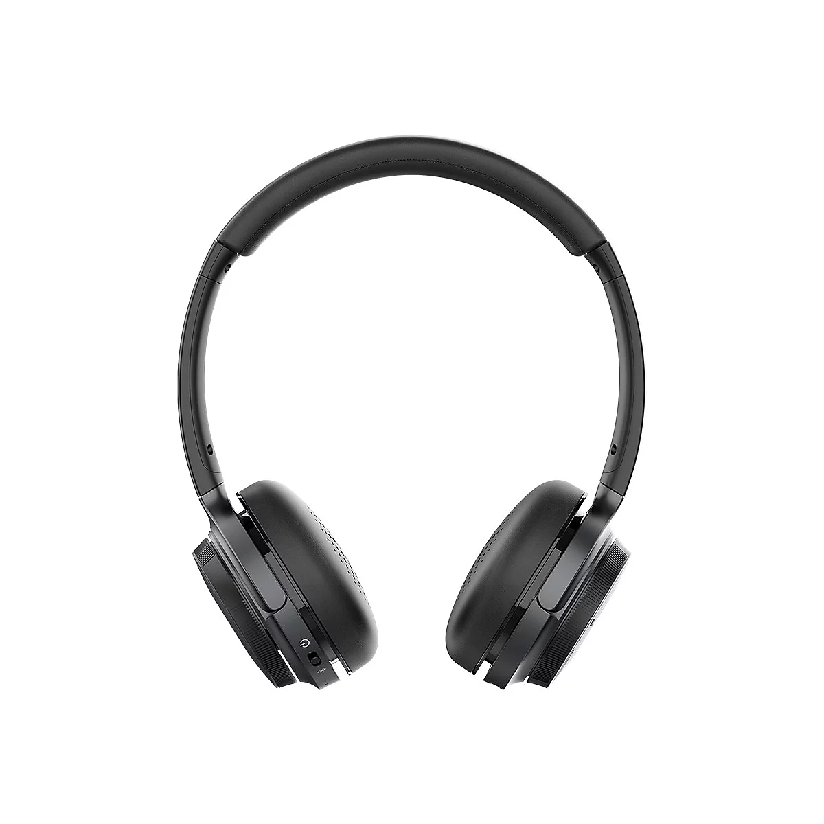Casque noir sur fond blanc. Ã‰couteurs ovales, arceau rembourrÃ©, pliable.