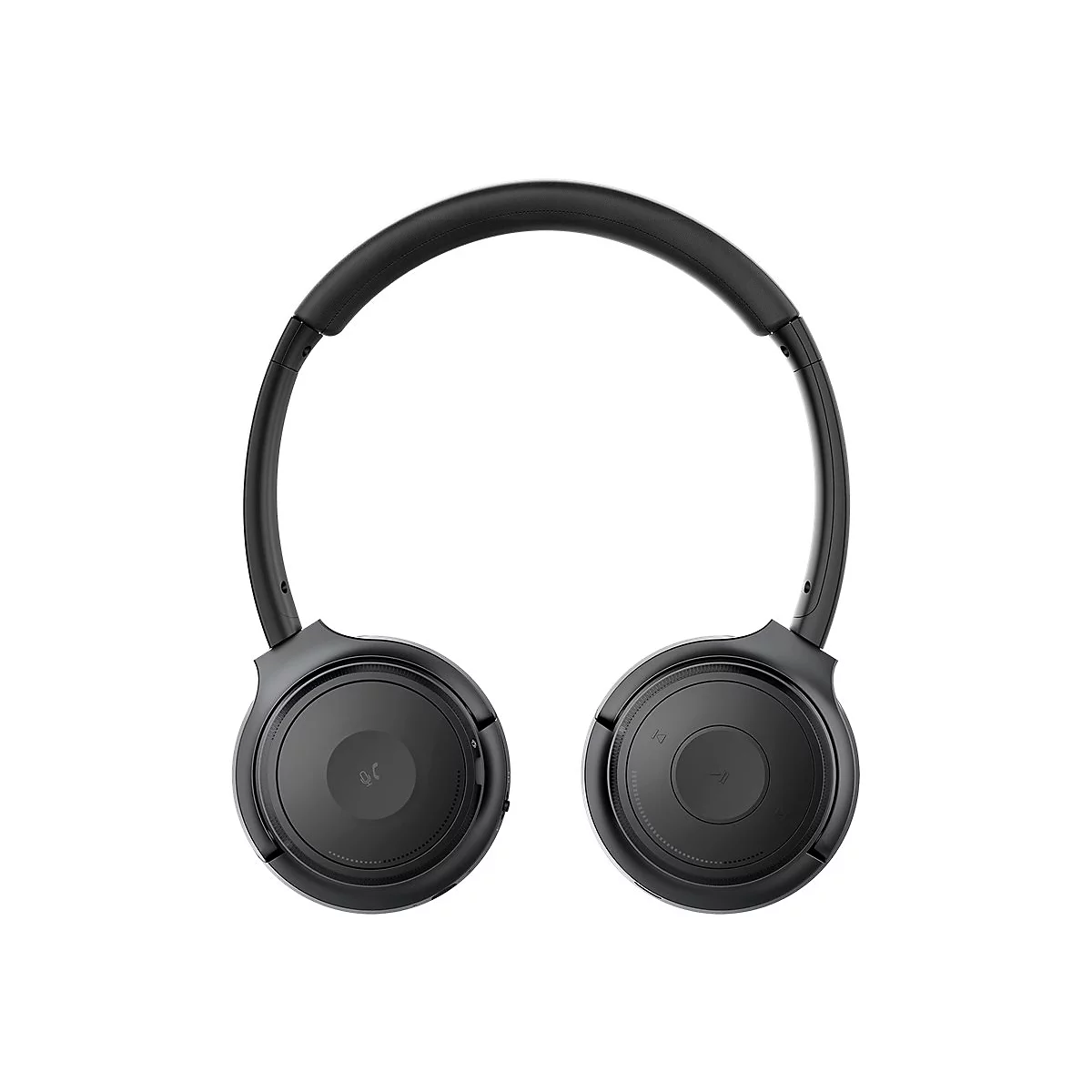 Casque noir sur fond blanc, vue de face rapprochÃ©e.