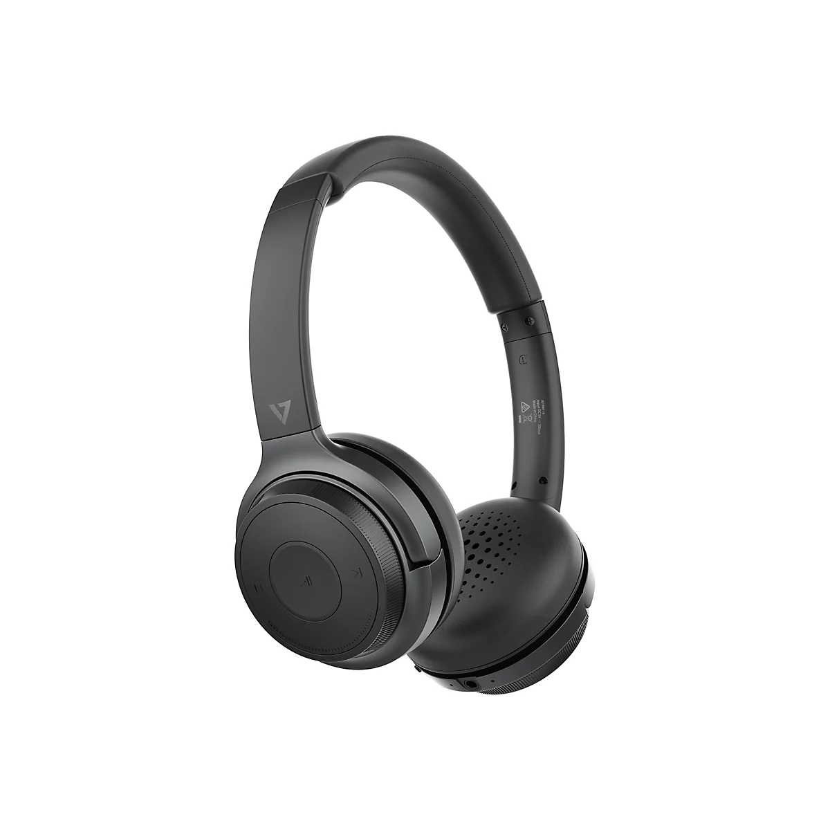 Casque noir, vue dÃ©taillÃ©e. Rembourrage, arceau rÃ©glable et Ã©lÃ©ments de contrÃ´le.