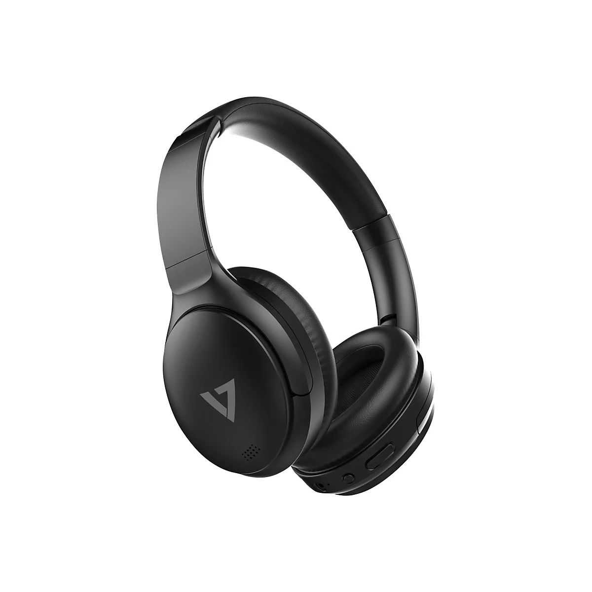 Schwarzer Over-Ear-Kopfhörer mit Logo, Detailansicht. Der Kopfhörer ist von vorne und leicht schräg abgebildet.