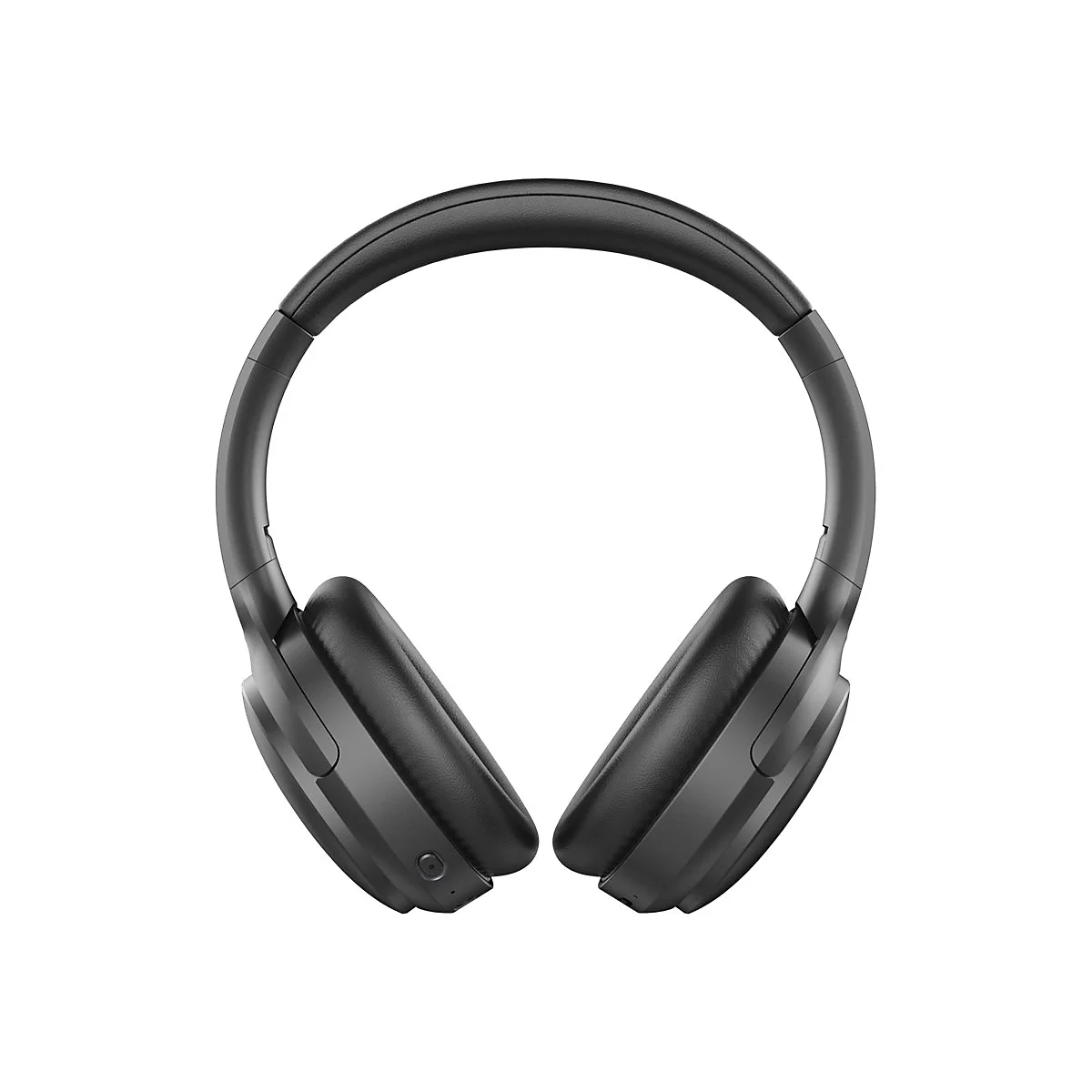 Schwarze Kopfhörer auf weißem Hintergrund. Der Kopfbügel ist gebogen, die Ohrhörer sind groß und gepolstert.