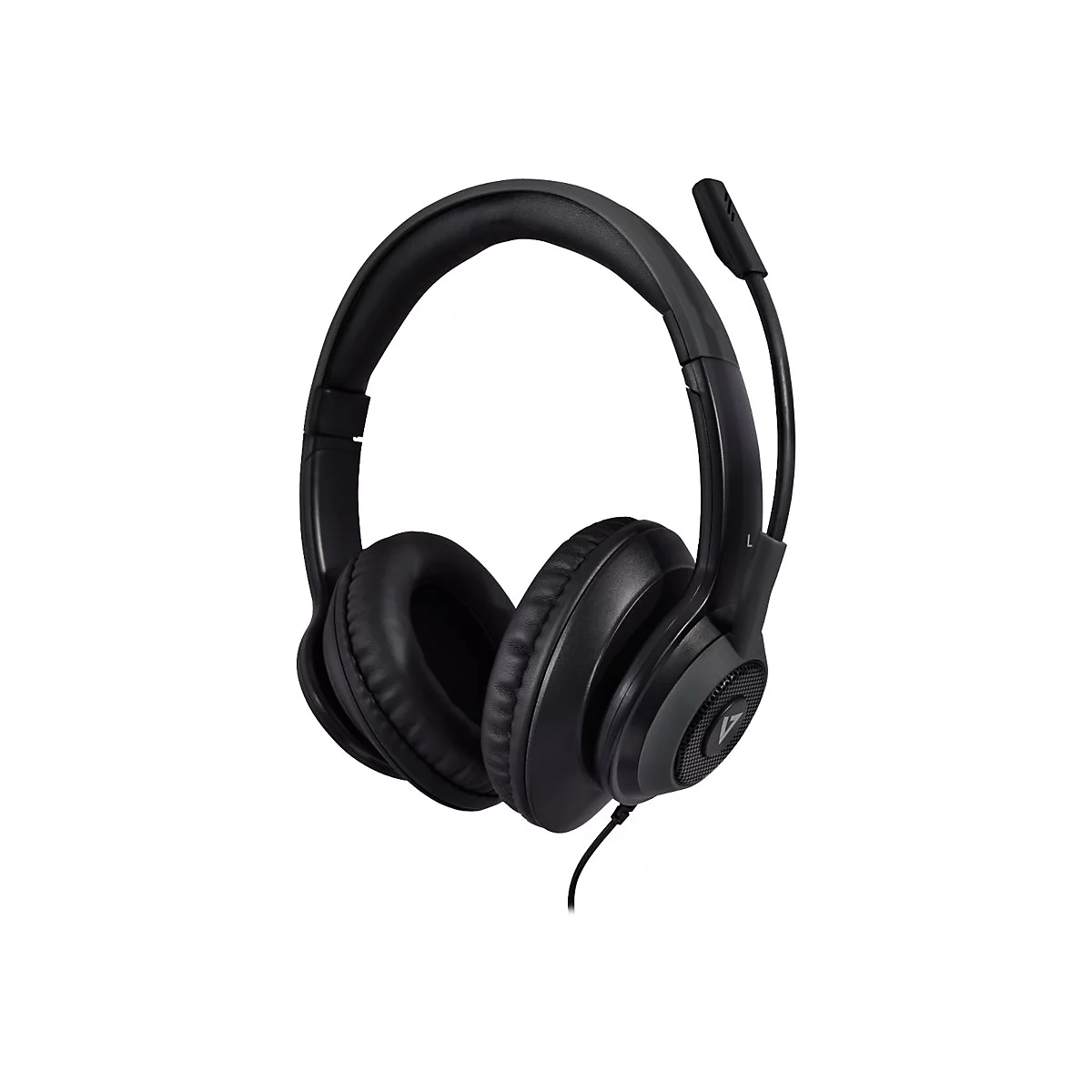 Schwarzes Headset mit Mikrofon auf weißem Hintergrund.