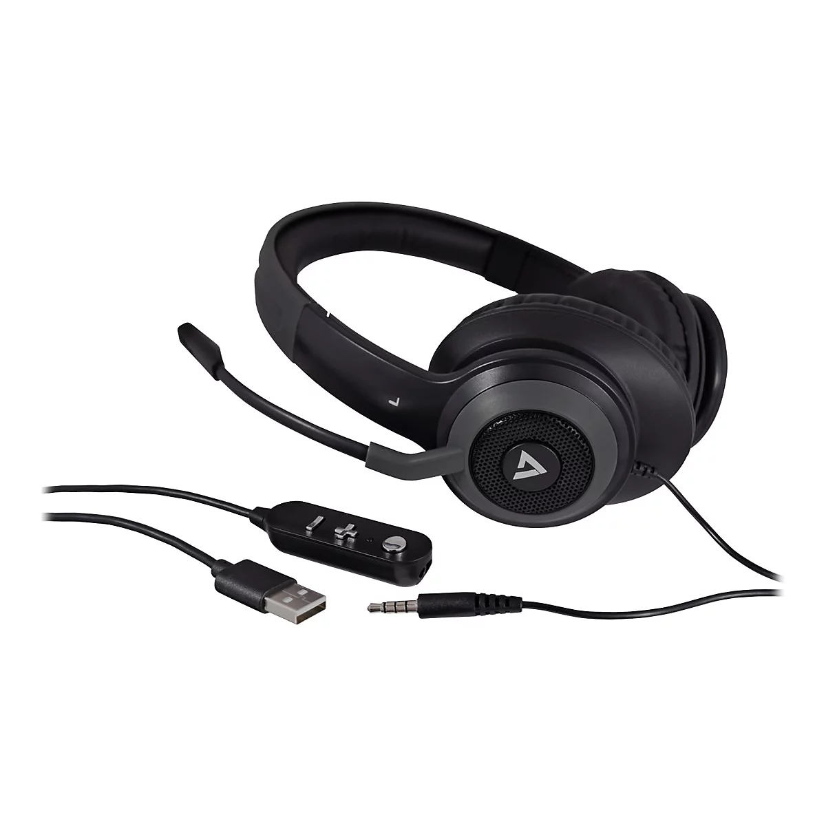 Schwarzes Gaming-Headset mit Mikrofon und Kabel, das an einen USB-Anschluss und eine Klinke angeschlossen ist.