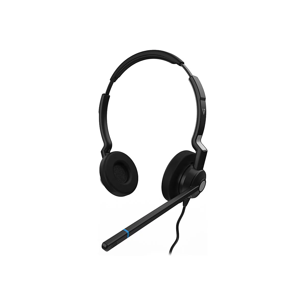 Schwarzes Headset mit Mikrofon auf weißem Hintergrund.