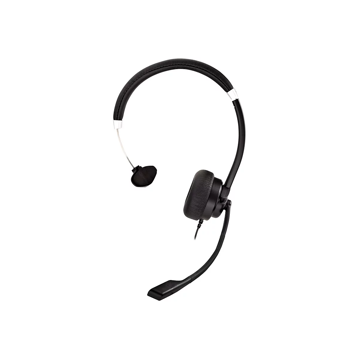 Schwarzes Headset mit Mikrofon, Detailaufnahme. Der BÃ¼gel und das Mikrofon sind gebogen, die Ohrmuschel rund.