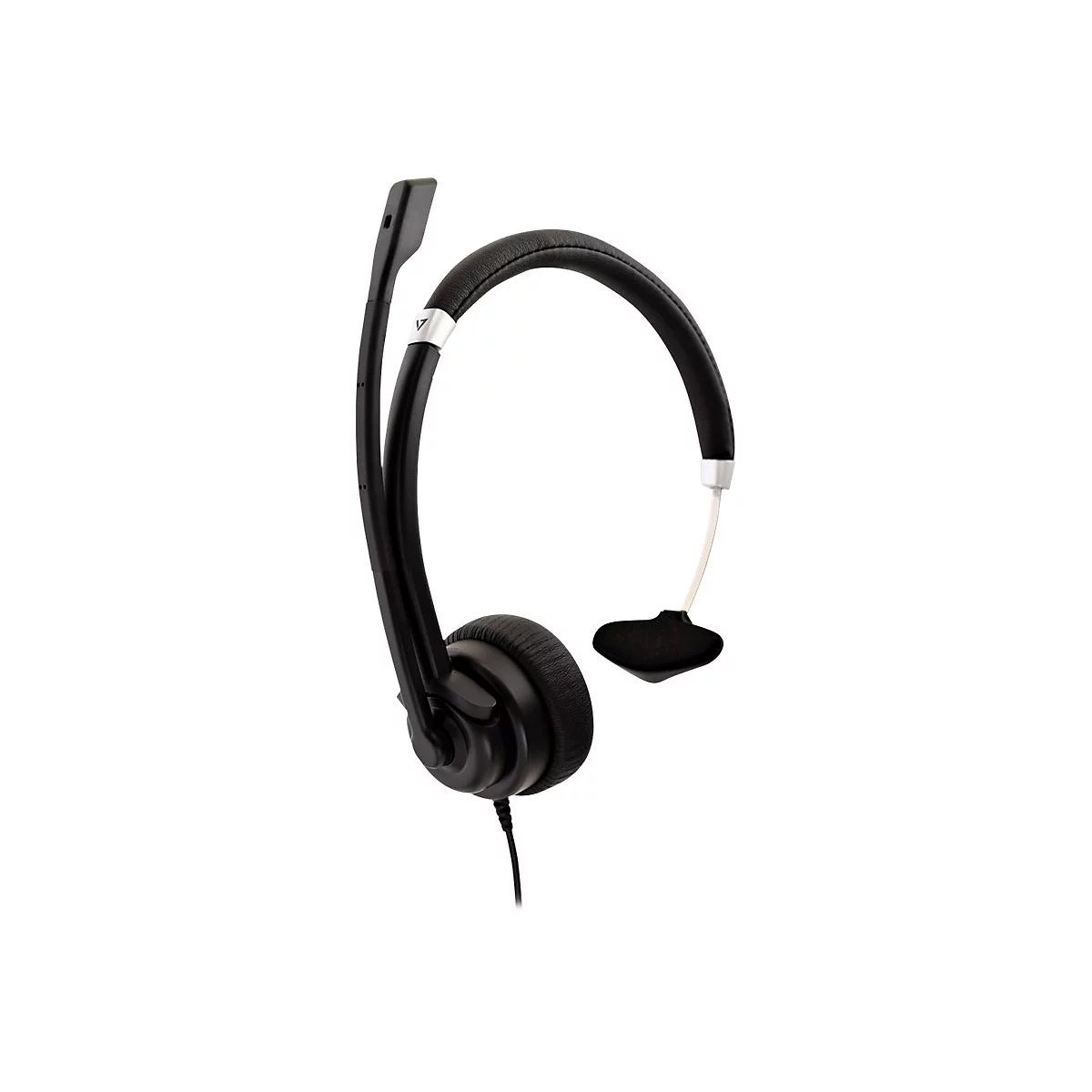 Schwarzes Headset mit Mikrofon. Das Headset hat einen BÃ¼gel und ein Ohrpolster.