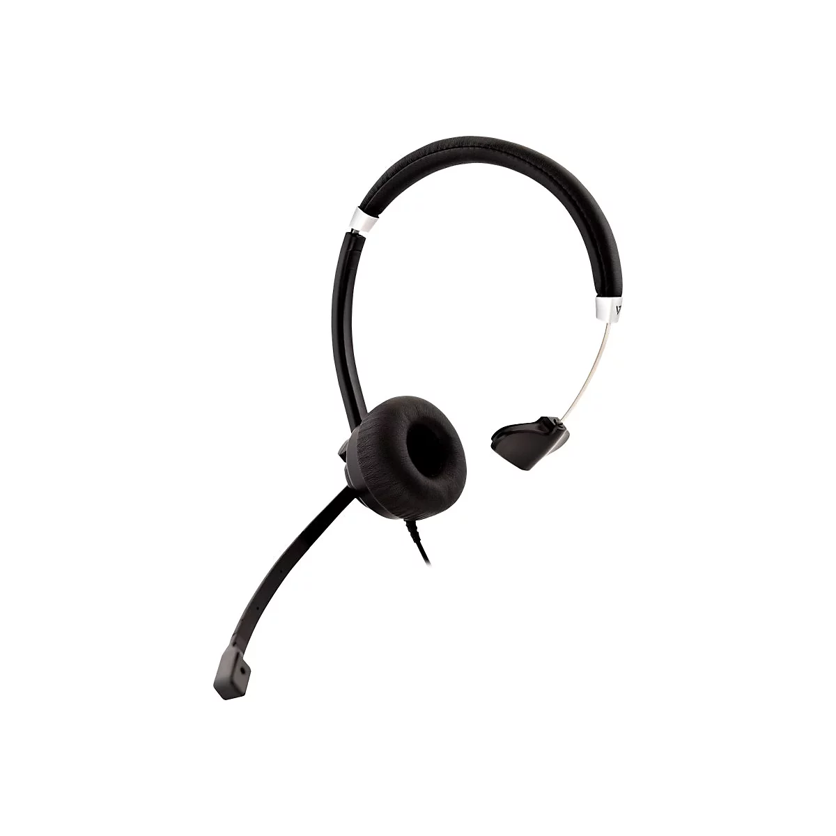 Ein schwarzes Headset auf weiÃŸem Hintergrund. Es besteht aus einem BÃ¼gel, einem Ohrmuschelpolster und einem Mikrofonarm.