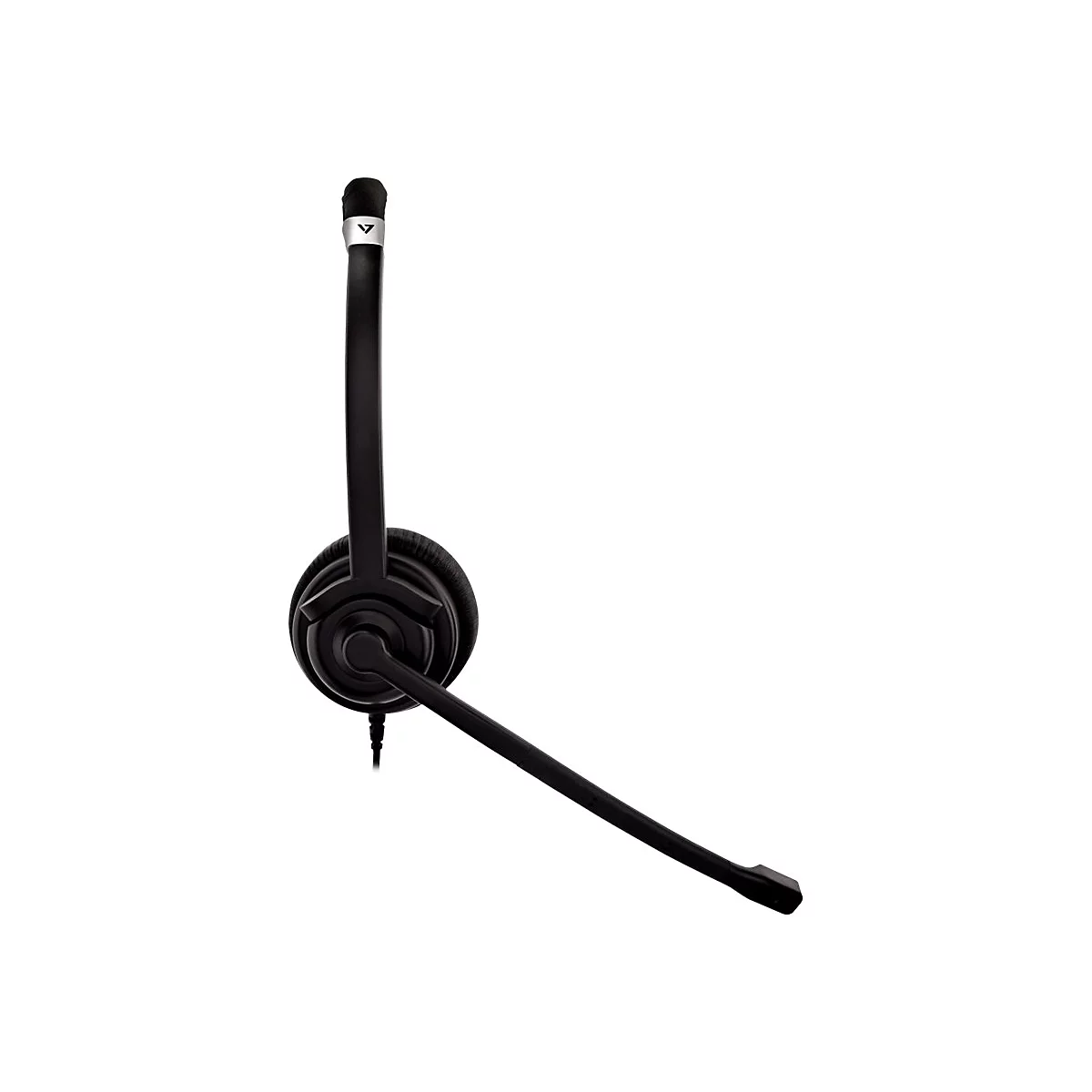 Schwarzes Headset, Mikrofon mit Schaumstoffschutz. Auf weiÃŸem Hintergrund.