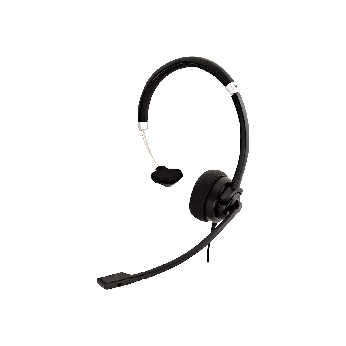 Schwarzes Headset vor weiÃŸem Hintergrund. Ein BÃ¼gel fÃ¼hrt zum linken OhrhÃ¶rer und Mikrofon.