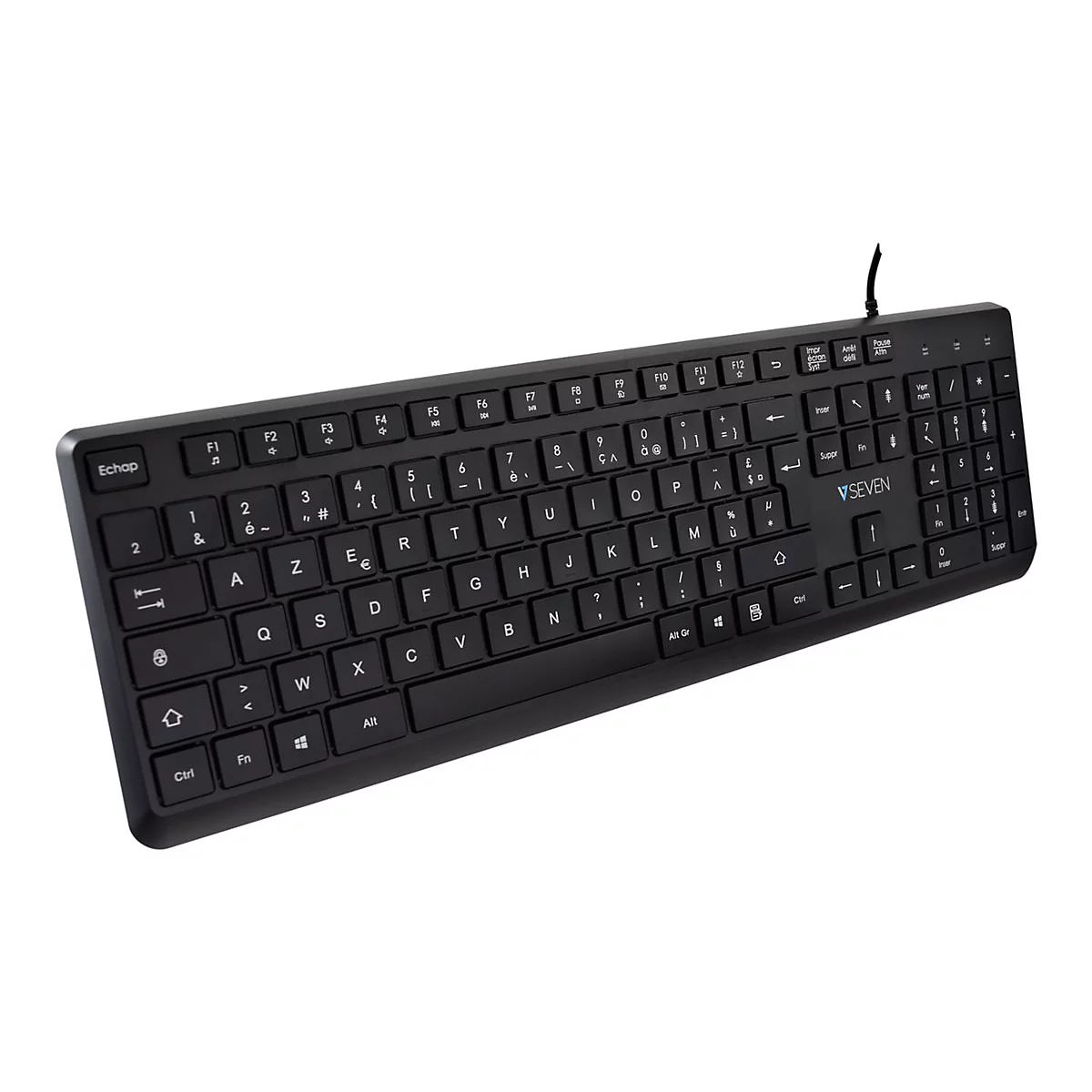 Schwarze Tastatur mit franzÃ¶sischem Layout, Kabel und SEVEN Logo. Auf weiÃŸem Hintergrund.