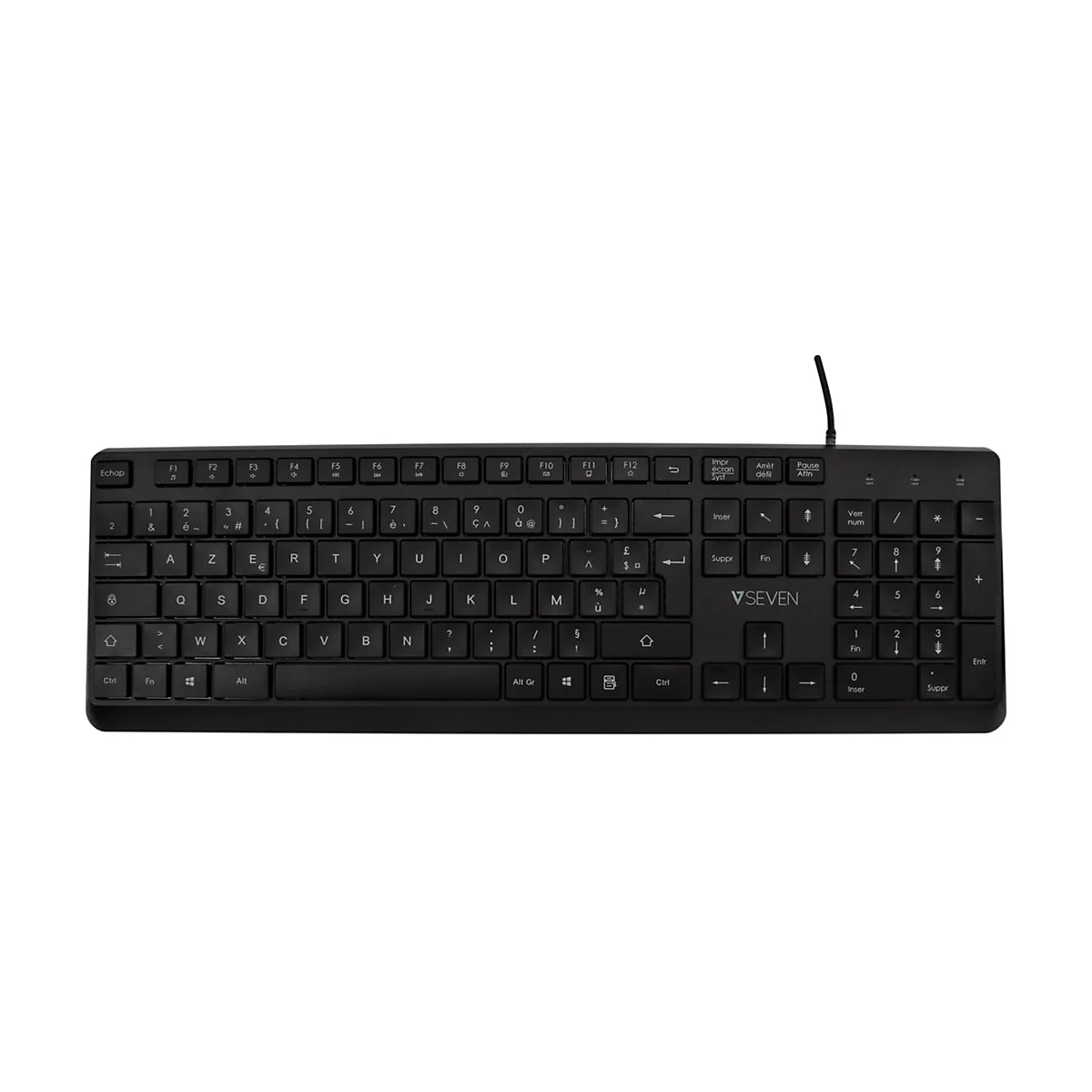 Schwarze Computertastatur mit Kabel, Tastenbeschriftung in weiÃŸ, Markenlogo auf der Leertaste.