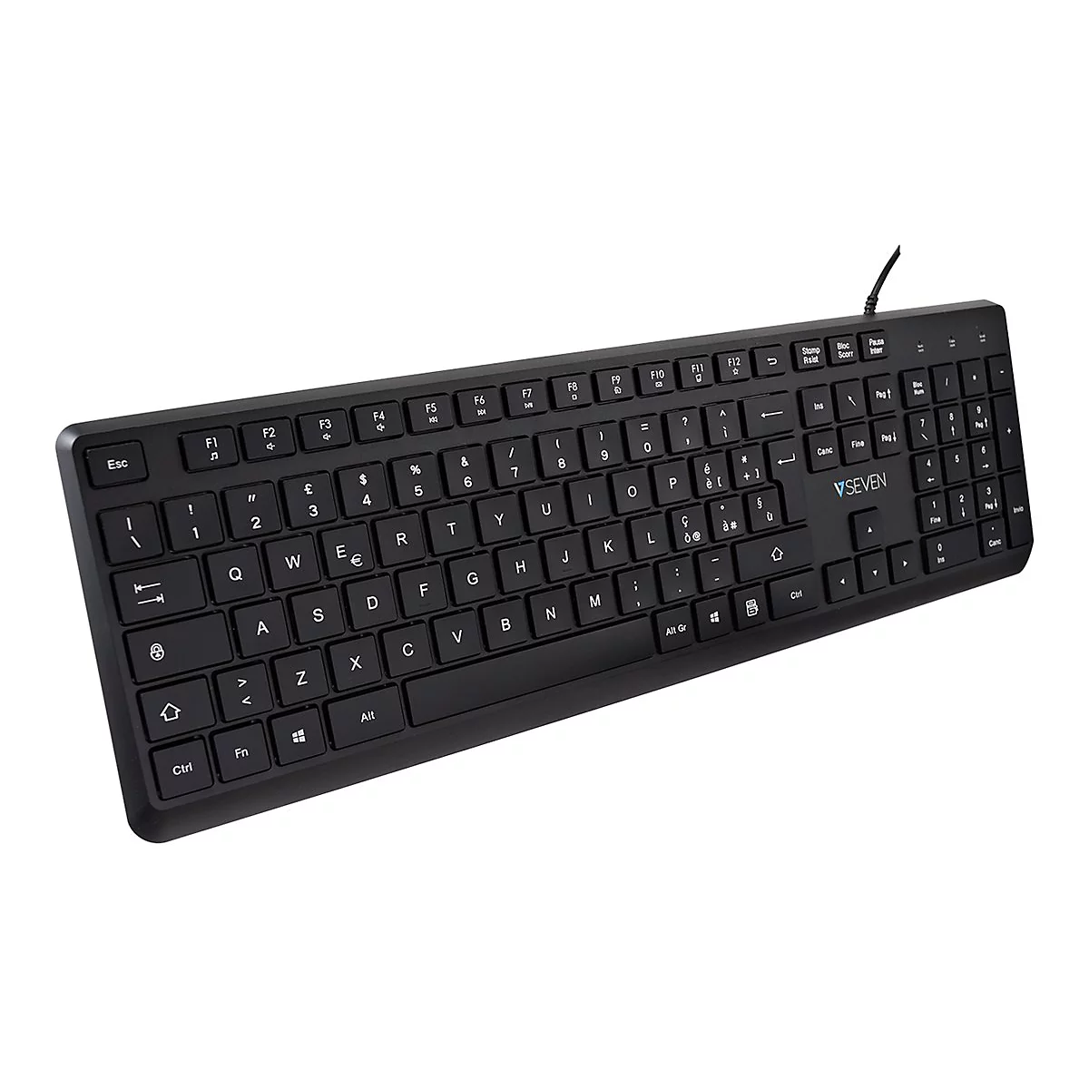 Ein schwarze Tastatur mit weißen Tasten. Auf den Tasten sind Buchstaben, Zahlen und Sonderzeichen abgebildet.