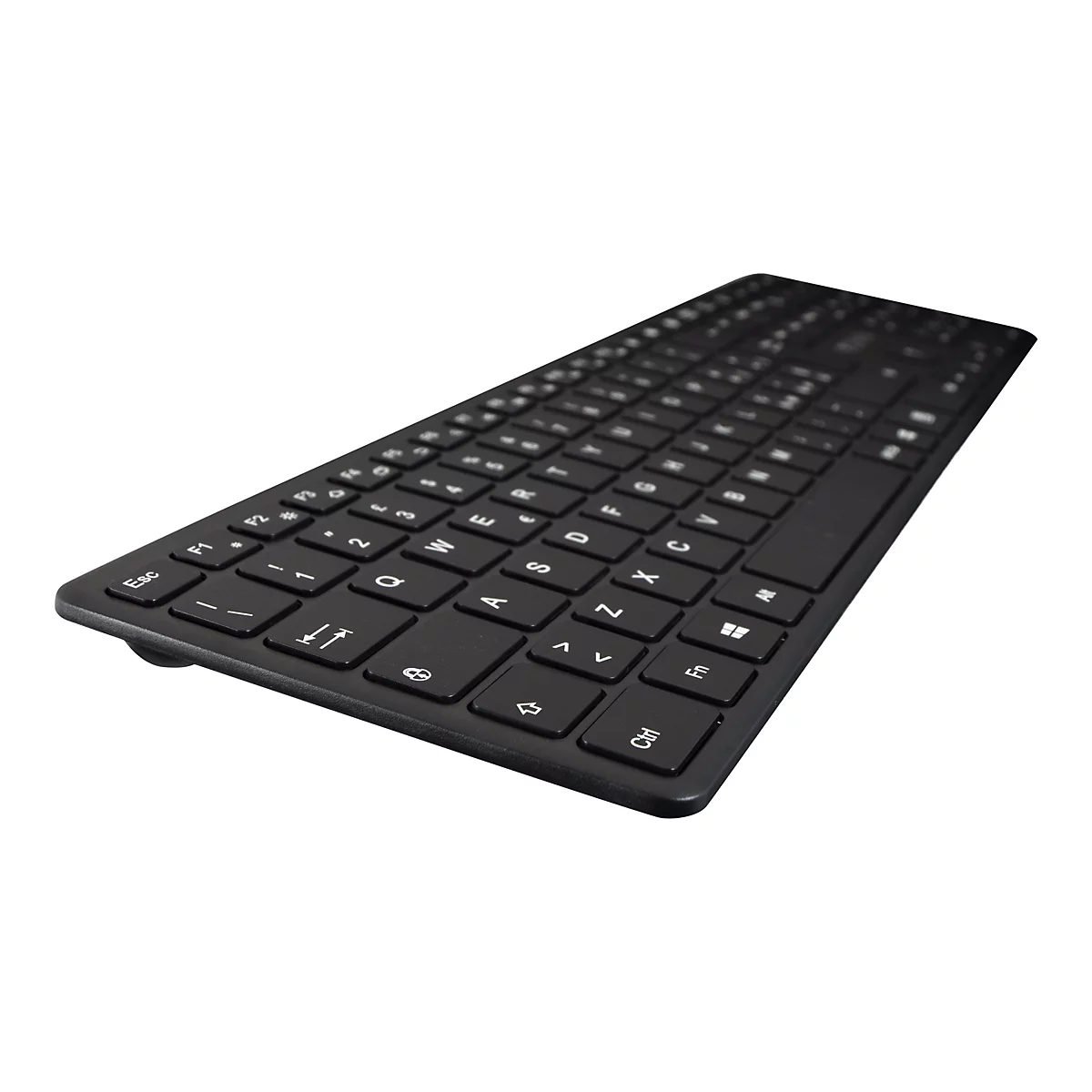 Schwarze Tastatur mit weißen Buchstaben und Zahlen auf weißem Hintergrund.