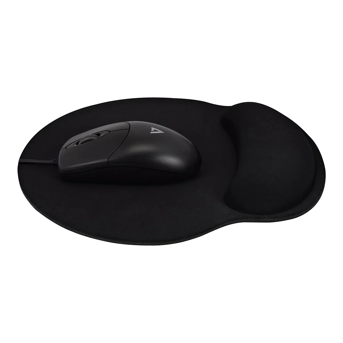 Schwarzes Mauspad mit Handgelenkstütze und Maus. Auf dem Pad befindet sich eine schwarze Maus mit Logo.