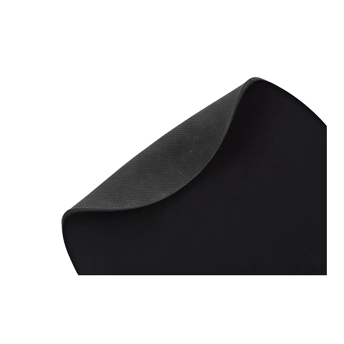 Schwarzes Mauspad, das teilweise hochgehoben wird, um die texturierte Unterseite zu zeigen.