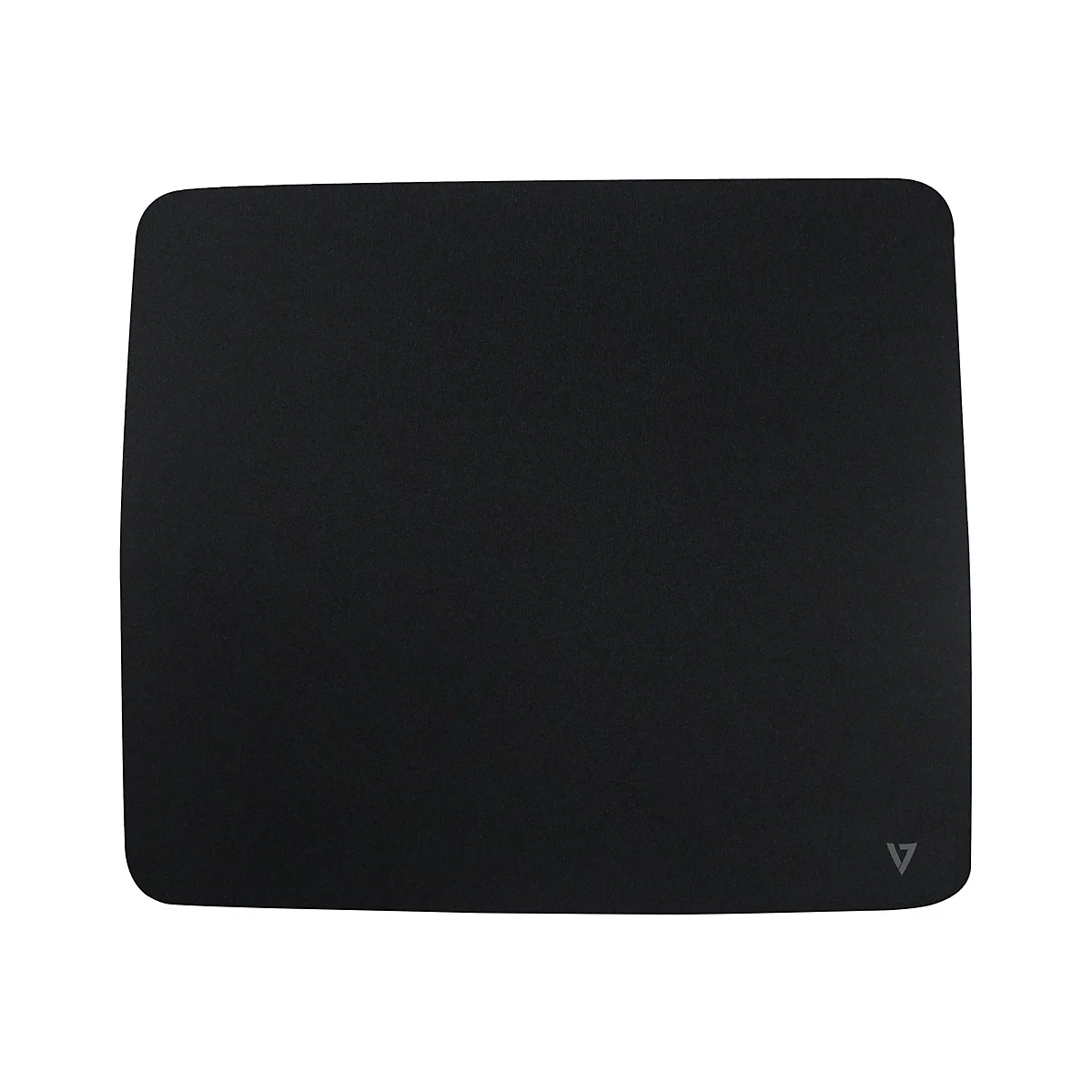 Schwarzes rechteckiges Mauspad mit abgerundeten Ecken. Auf der rechten unteren Ecke befindet sich ein graues Logo.