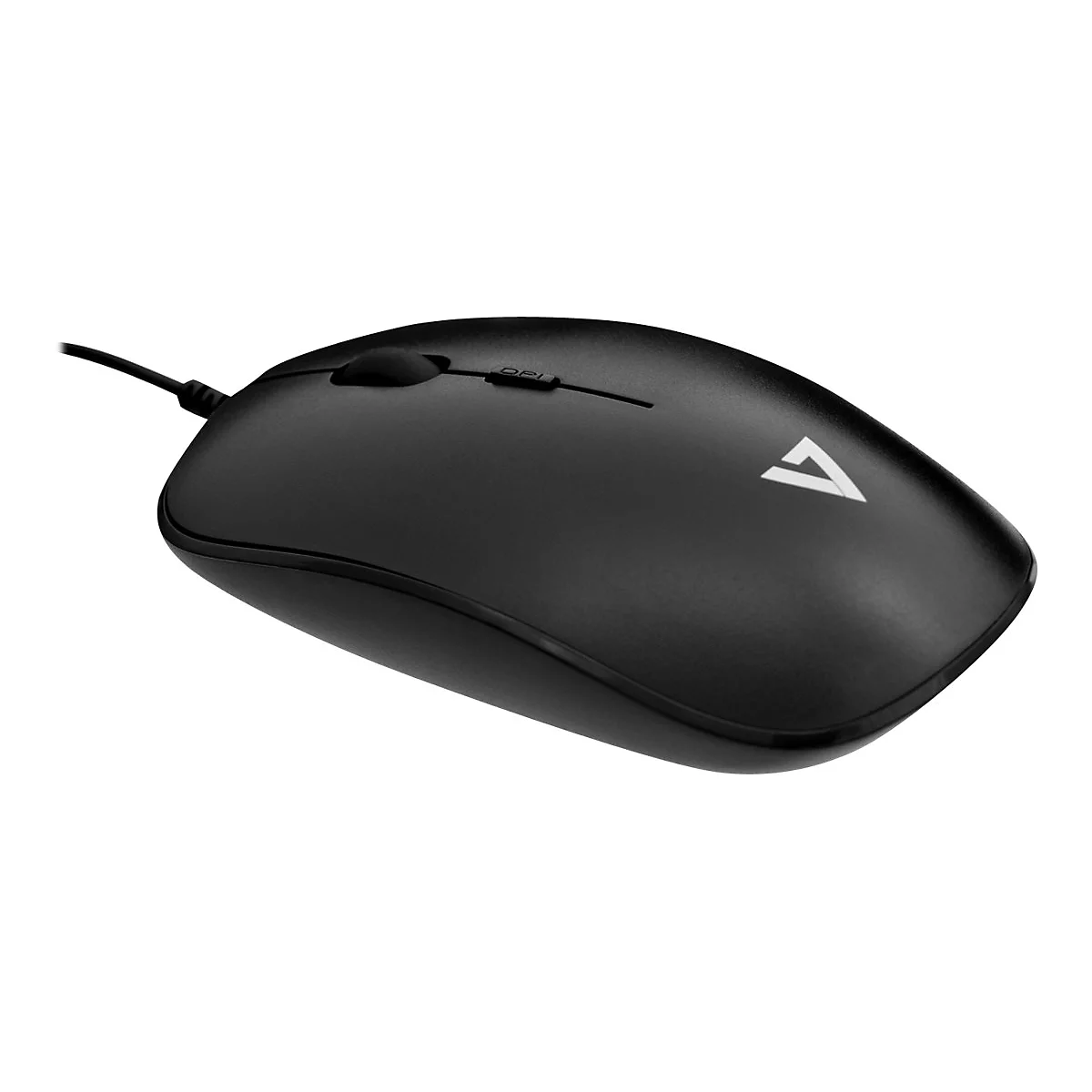 Schwarze Computermaus mit Kabel und weiÃŸem Logo. Mausrad und zwei Tasten sind erkennbar.