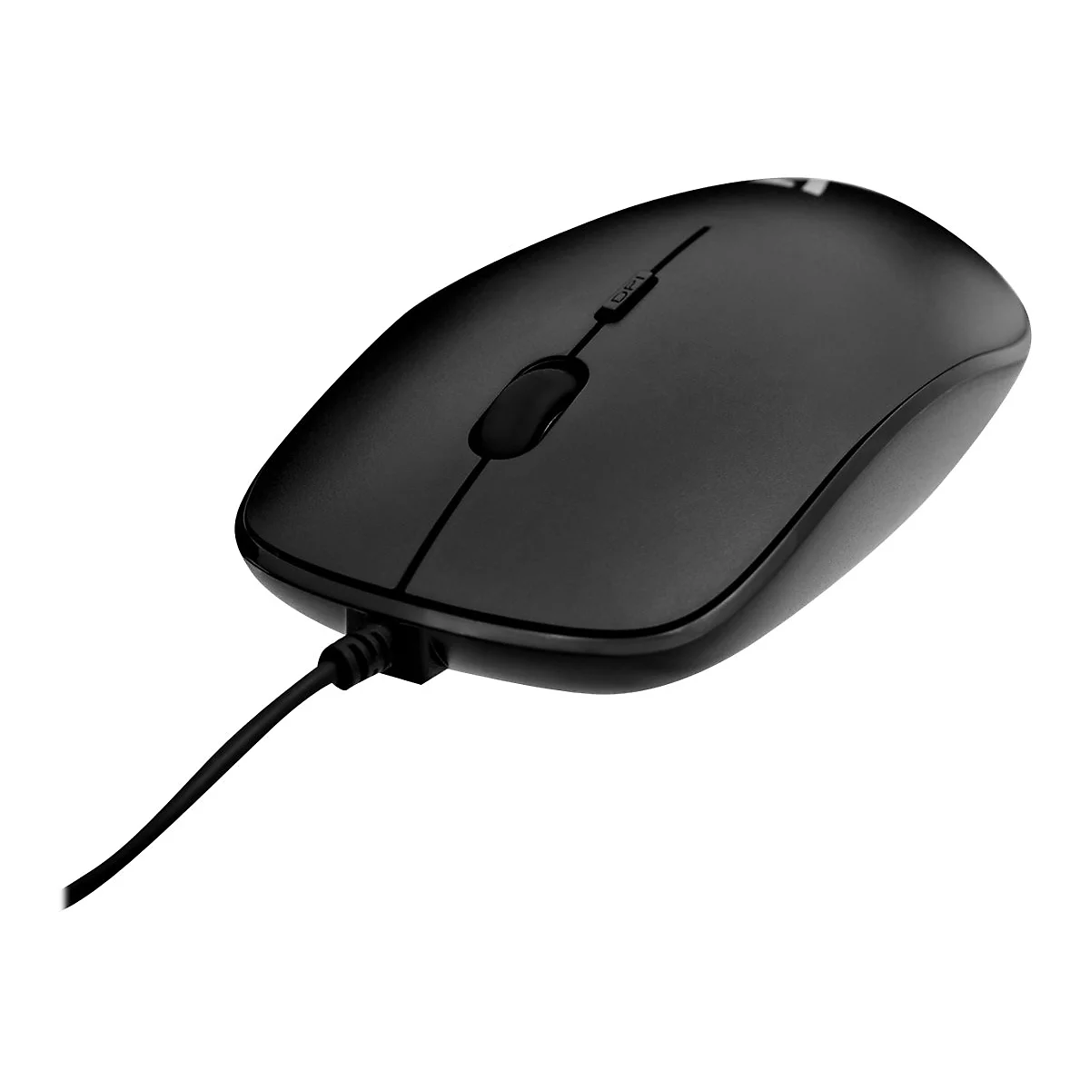 Schwarze Computermaus mit Kabel, zwei KnÃ¶pfen und einem Scrollrad.