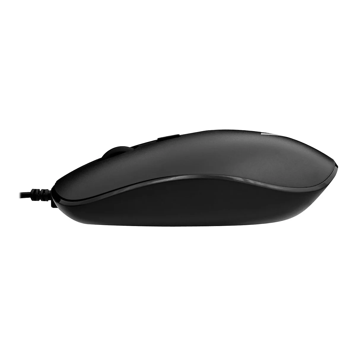 Schwarze Computermaus mit Kabelanschluss, vor weissem Hintergrund.