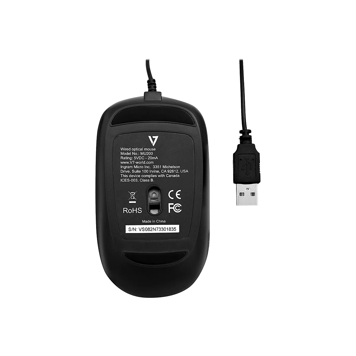Schwarze Maus, von unten fotografiert. USB-Kabel neben der Maus.