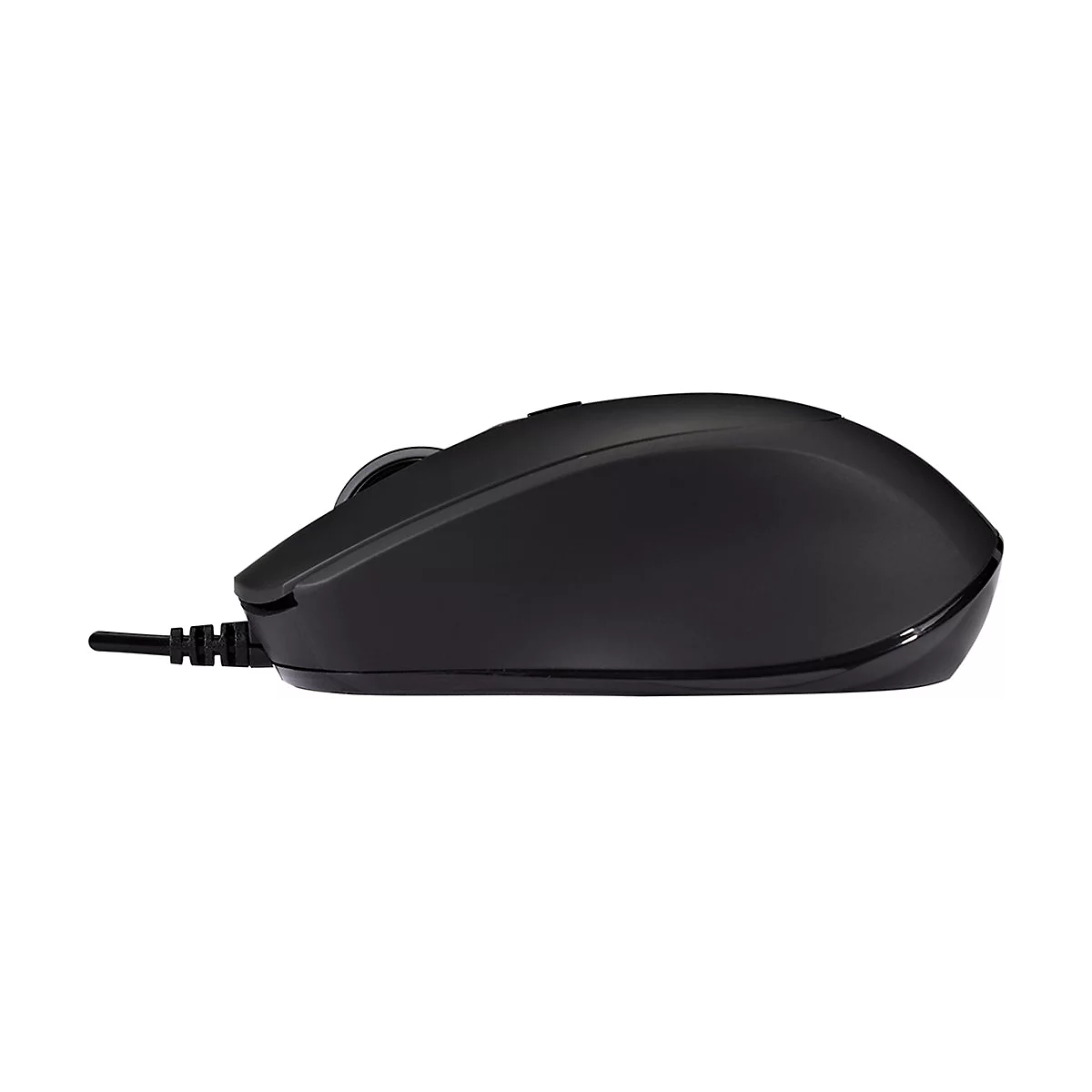 Schwarze Computermaus im Seitenprofil, mit Kabel. Auf weiÃŸem Hintergrund.