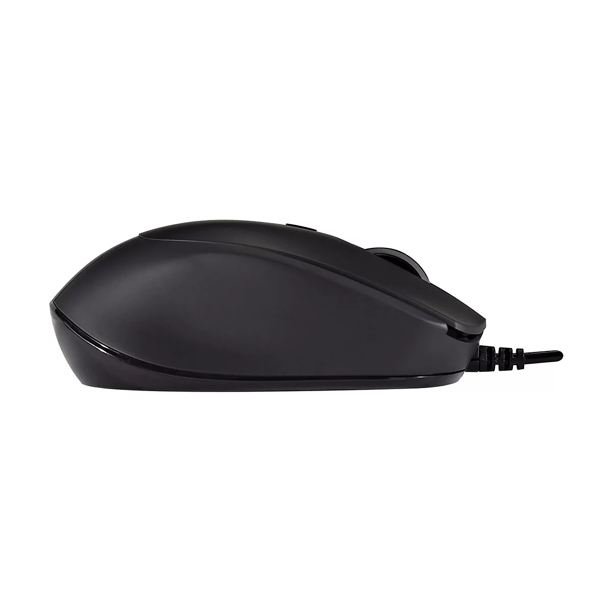 Schwarze Computermaus, seitlich betrachtet, mit Kabel. Auf weiÃŸem Hintergrund.