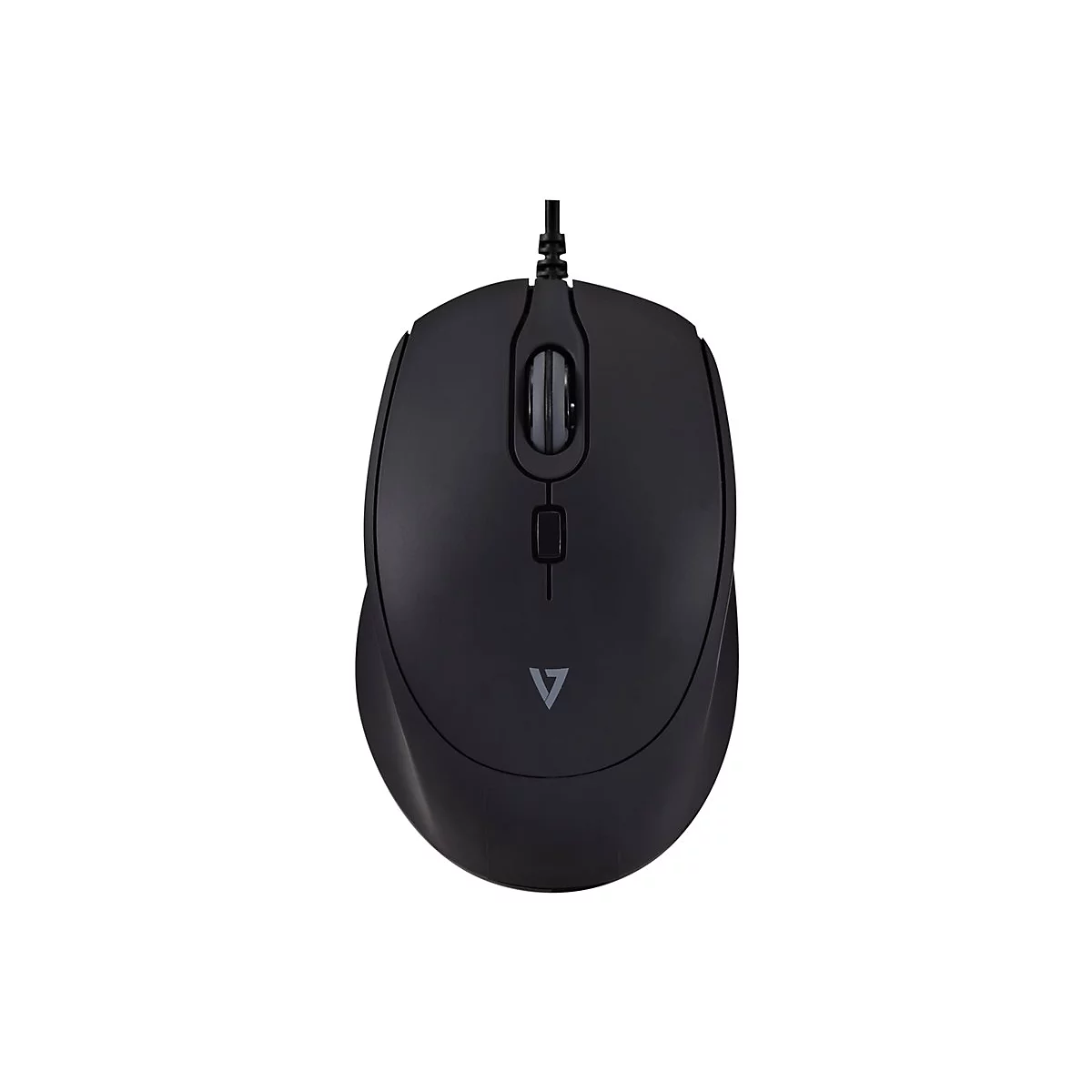 Schwarze Computermaus. Scrollrad, zwei Tasten, Kabelanschluss. Kleines V-Logo.