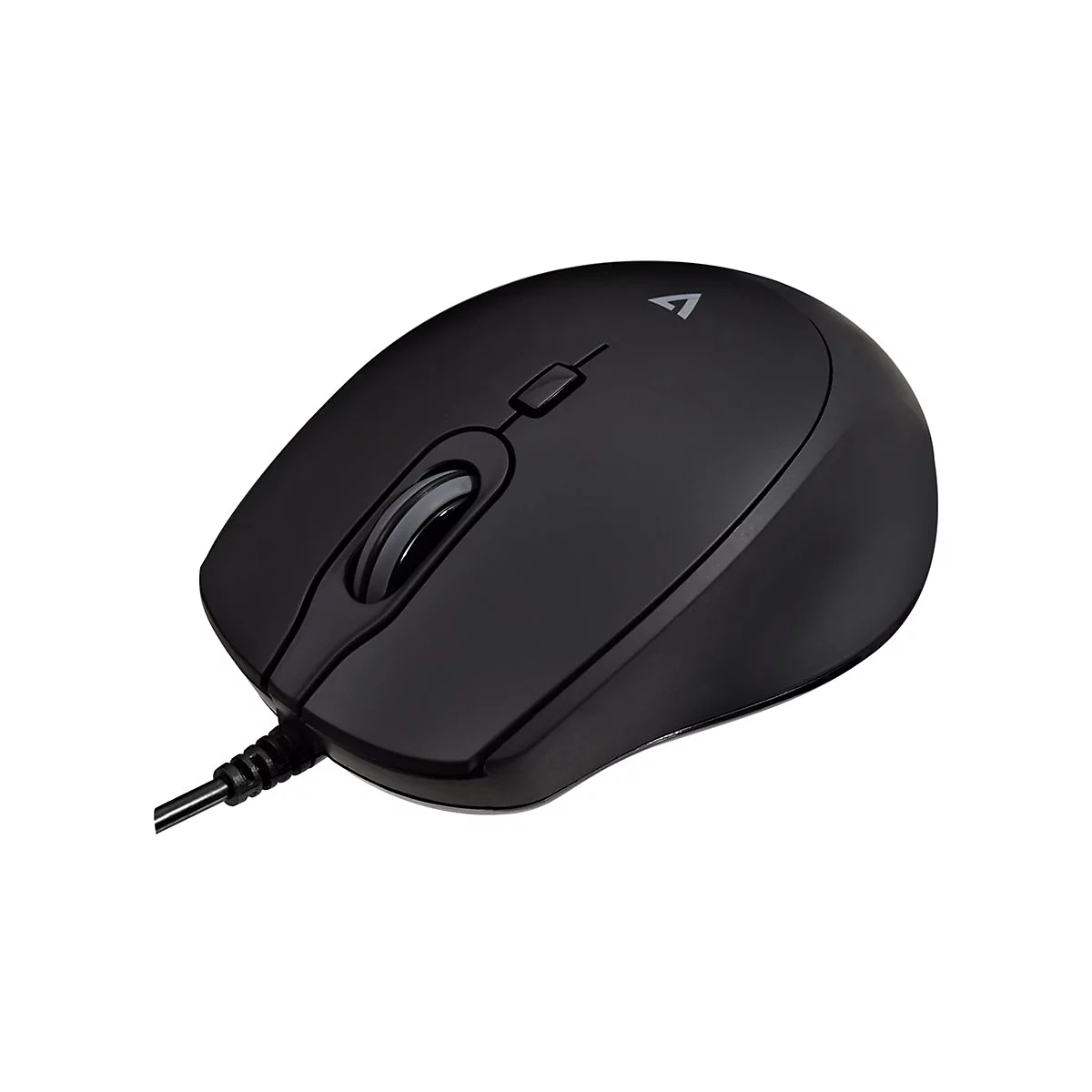 Schwarze Computermaus mit Kabel, Mausrad und Logo.