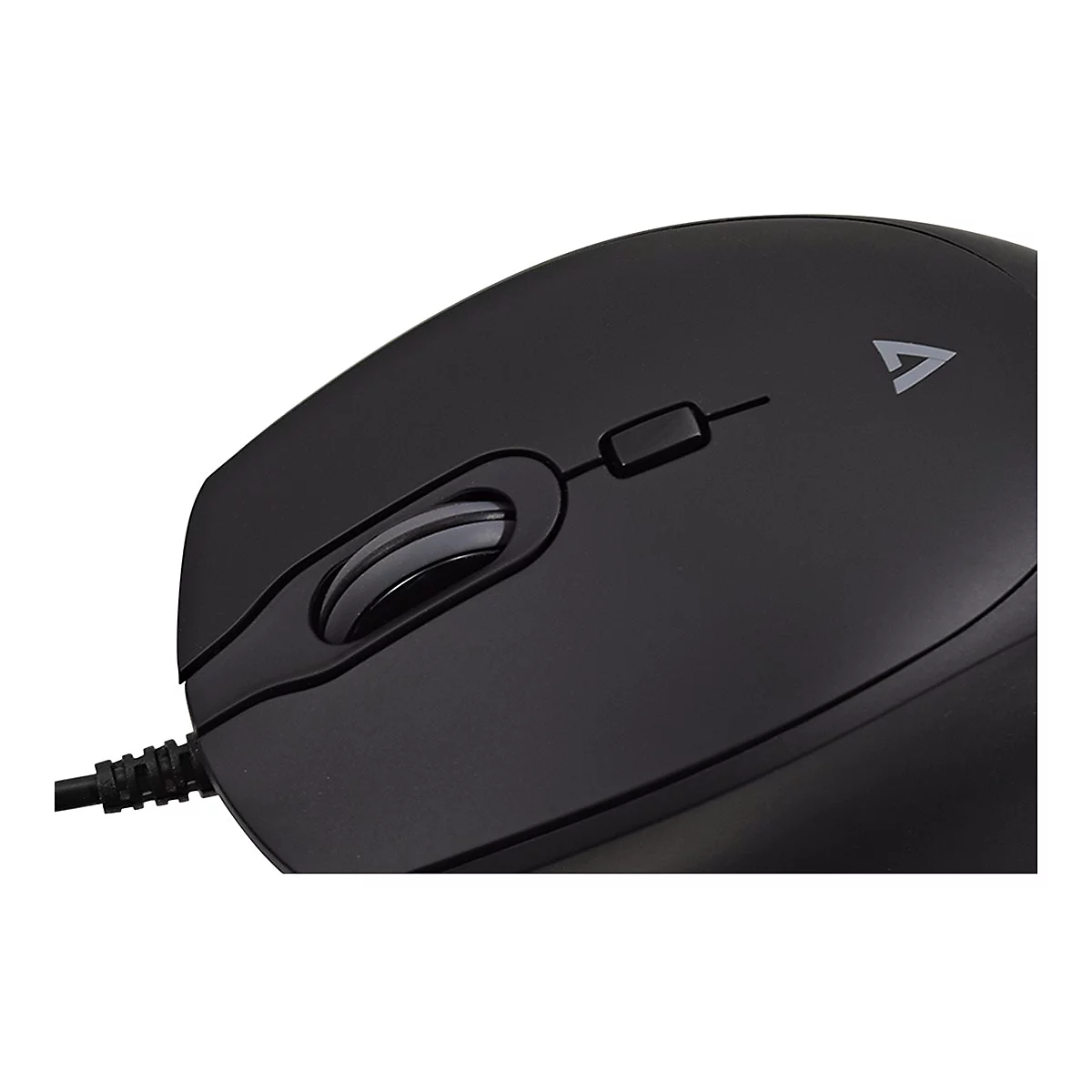 Schwarze Computermaus, Detailaufnahme. Scrollrad, Logo und Kabelanschluss sichtbar.