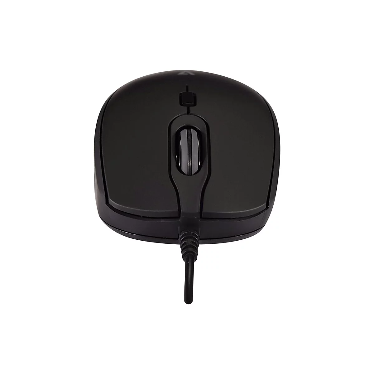Draufsicht auf eine schwarze Computermaus mit Kabel.