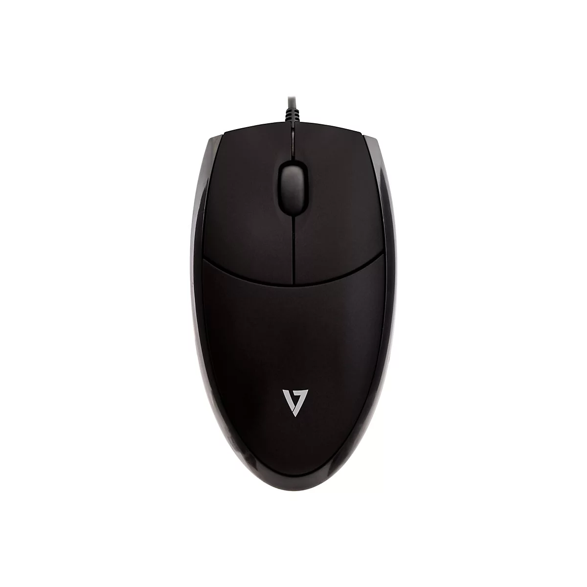 Schwarze Computermaus mit Scrollrad und zwei Maustasten. Kabelanschluss. Aufdruck mit V-Symbol.