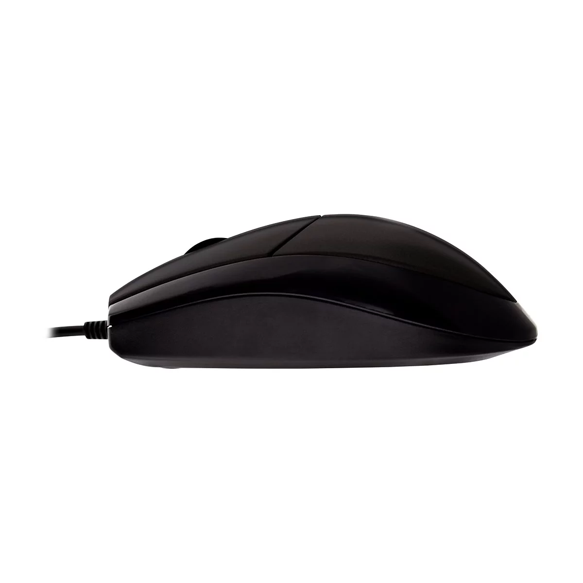 Schwarze Computermaus im Profil, Kabel links. Zwei Tasten, Scrollrad.