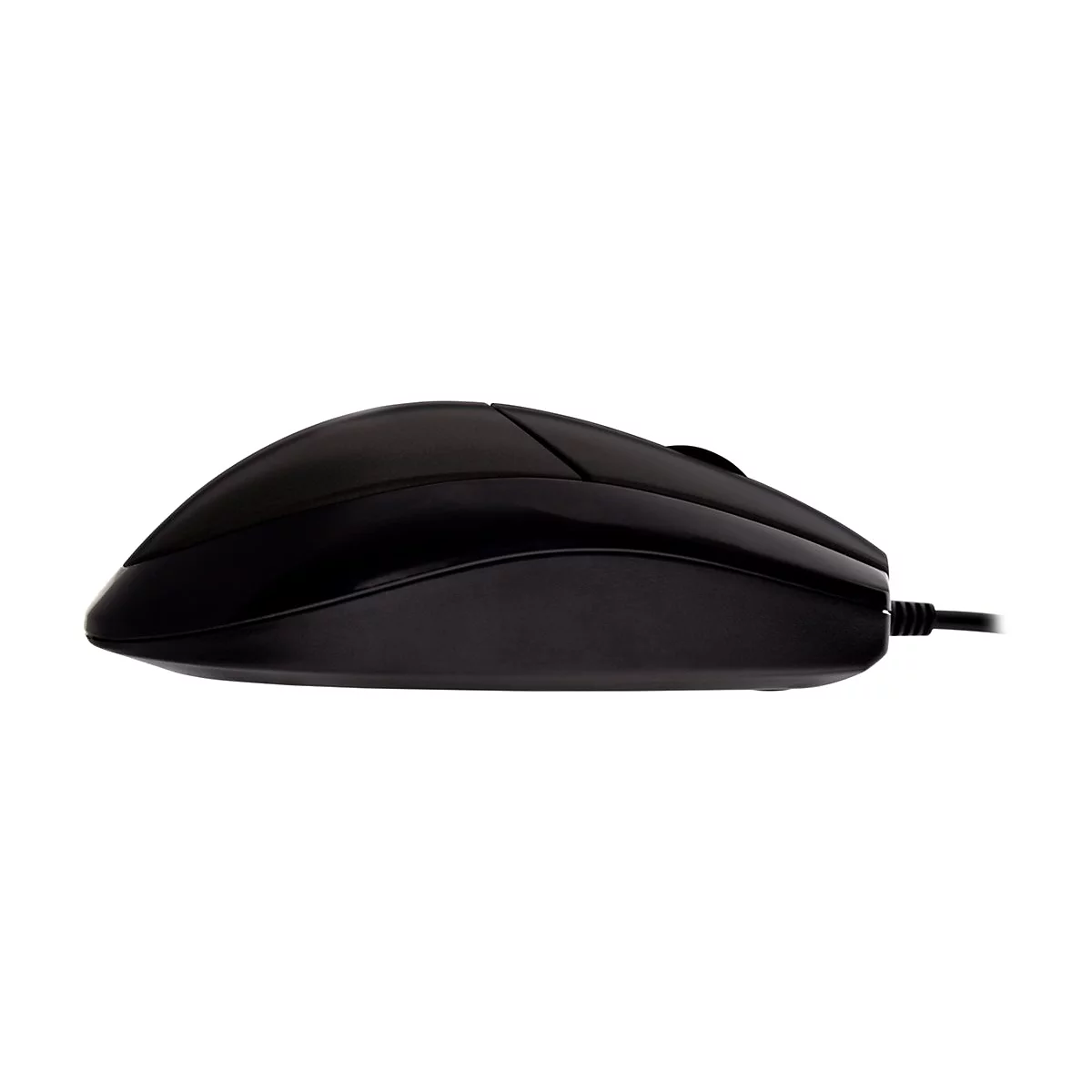 Schwarze Computermaus im Profil. Links und rechts je eine Taste, mittig ein Scrollrad. Ein Kabel fÃ¼hrt nach rechts.