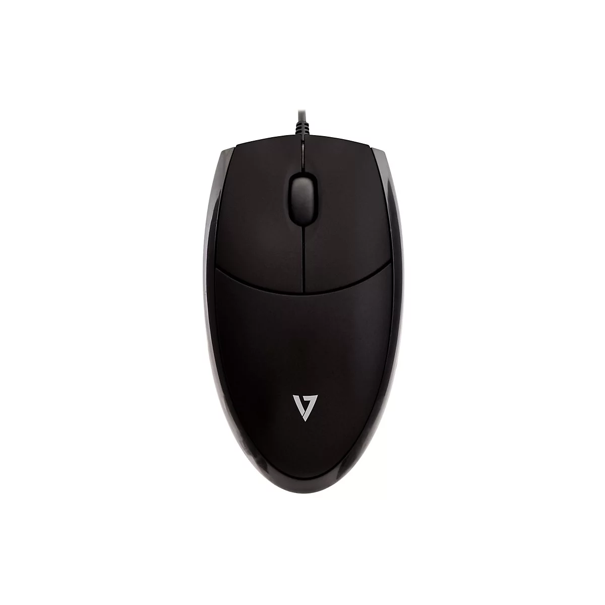 Schwarze Computermaus mit Kabel und Logo. Oben: Zwei KnÃ¶pfe und ein Scrollrad.