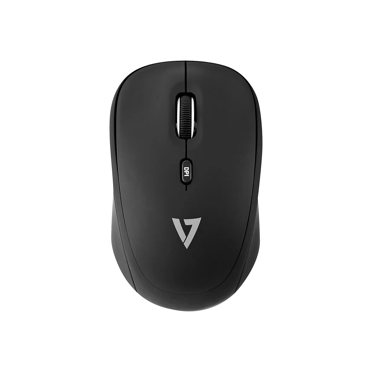 Schwarze Computermaus, Draufsicht. Scrollrad, DPI-Taste, Logo.