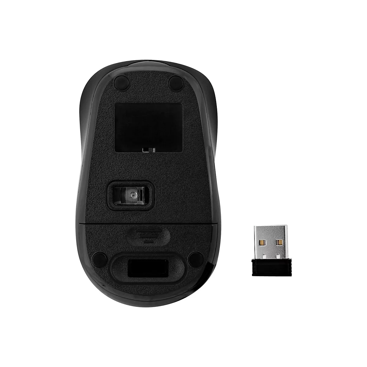 Schwarze Computermaus von unten mit USB-Empfänger auf weißem Hintergrund.
