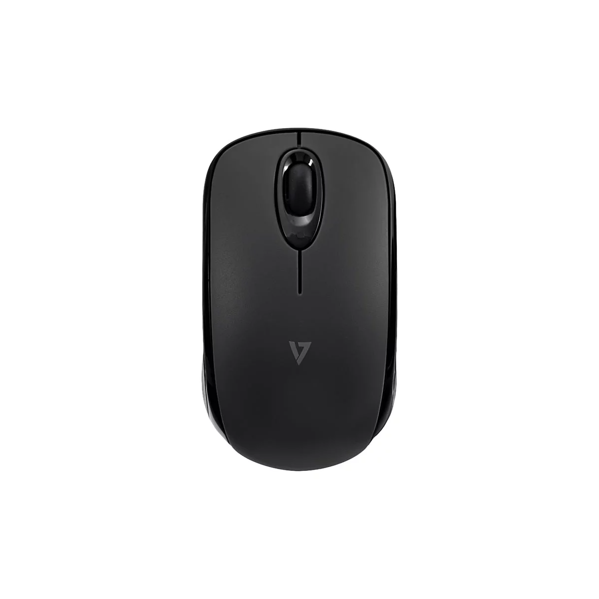 Drahtlose schwarze Maus, von oben fotografiert, auf weißem Hintergrund. Mit Logo.