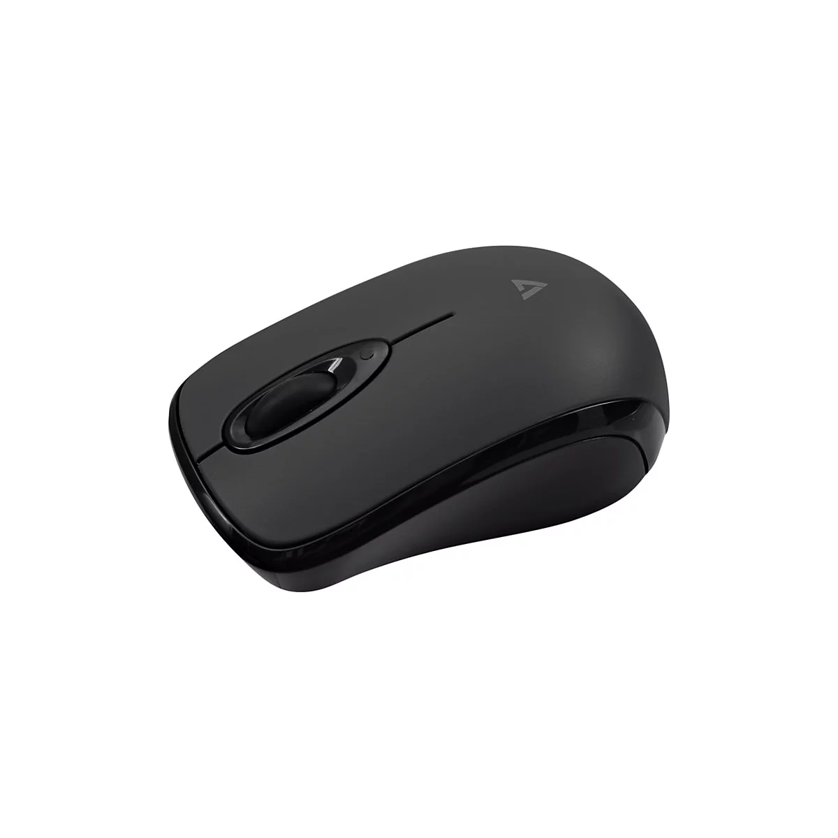 Schwarze Computermaus, Oberseite. Rolle, zwei Tasten, Logo. Glänzende Umrandung.