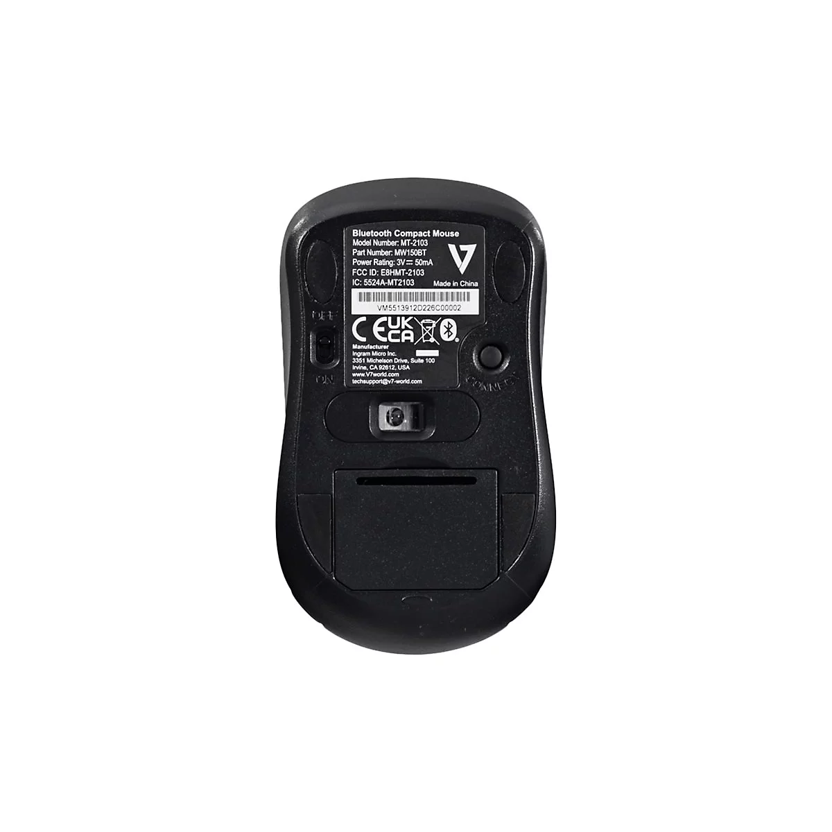 Schwarze Bluetooth-Maus von unten. Details zu Modellnummer, Hersteller, FCC-ID und CE-Kennzeichnung.