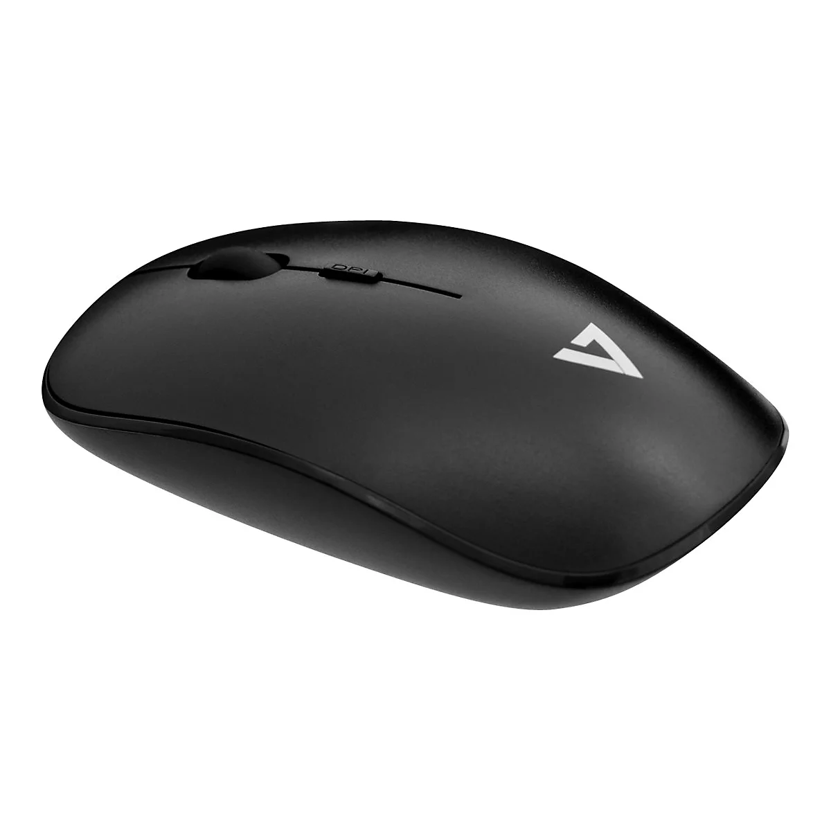 Schwarze Computermaus, leicht schräg von oben fotografiert. Mit DPI-Anzeige, und einem weißen Dreieck als Logo.