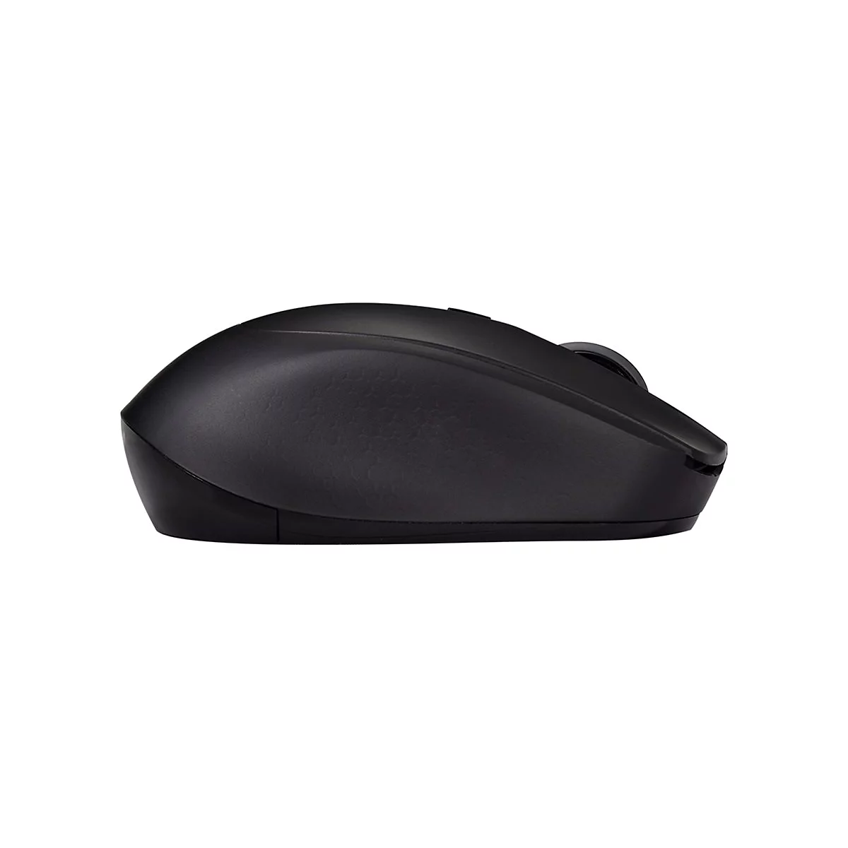 Schwarze Computermaus im Profil vor weiÃŸem Hintergrund. Sie hat zwei KnÃ¶pfe, ein Scrollrad und eine ergonomische Form.