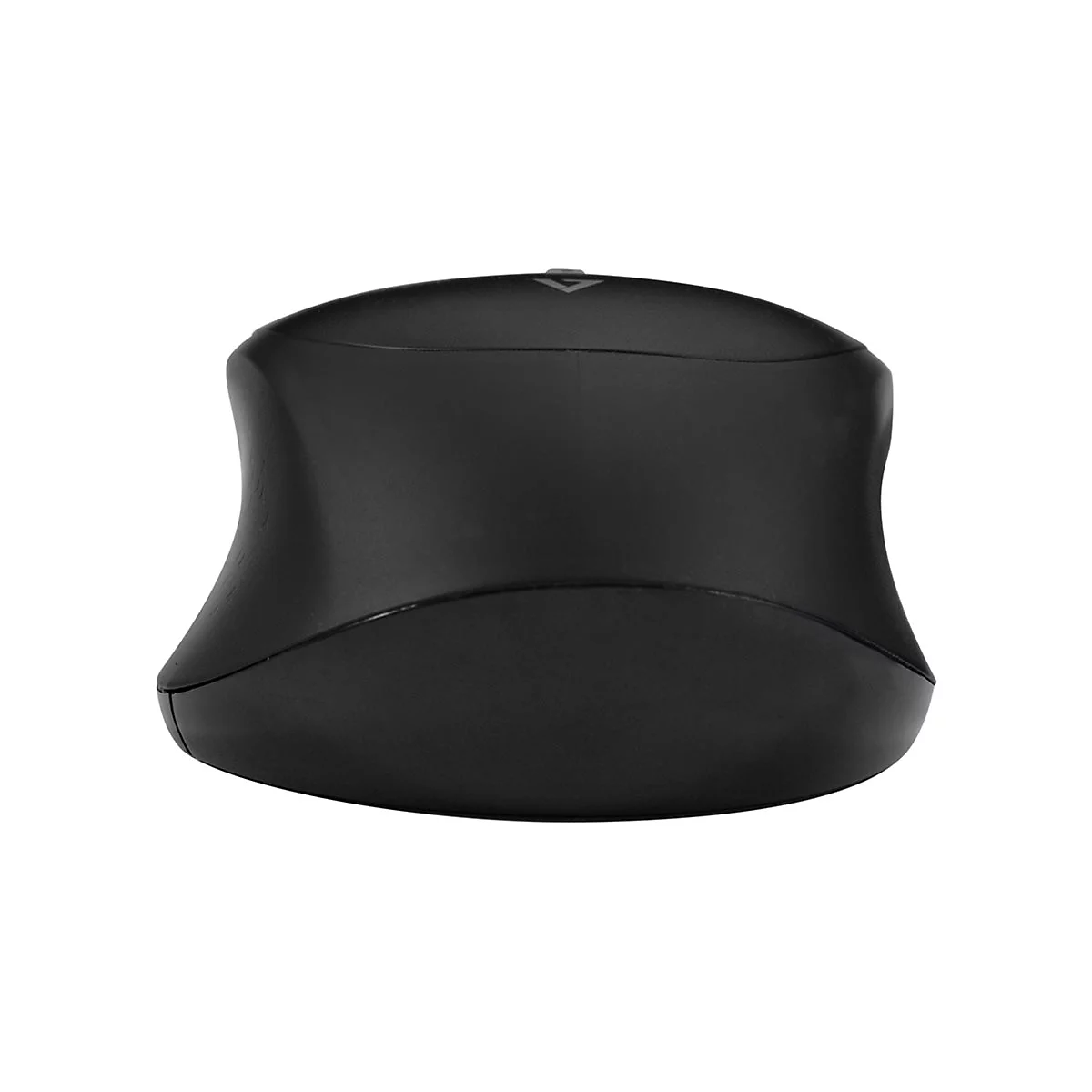 Schwarze Computermaus, ergonomisch geformt. Oben ein Pfeil.